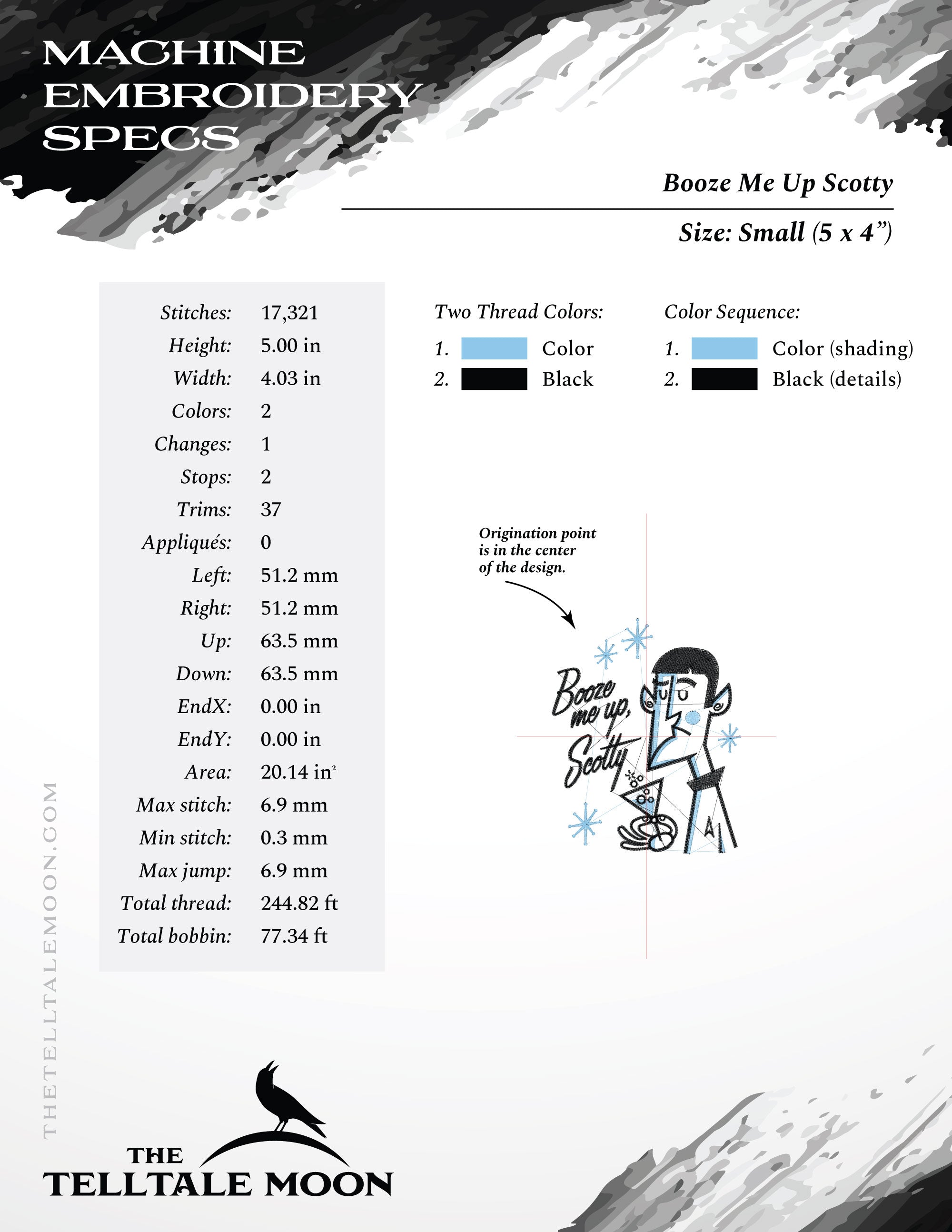 Embroidery: Retro Humor "Booze Me Up Scotty" Design - Five Sizes 4, 5, 7, 8, and 9 Inches Tall