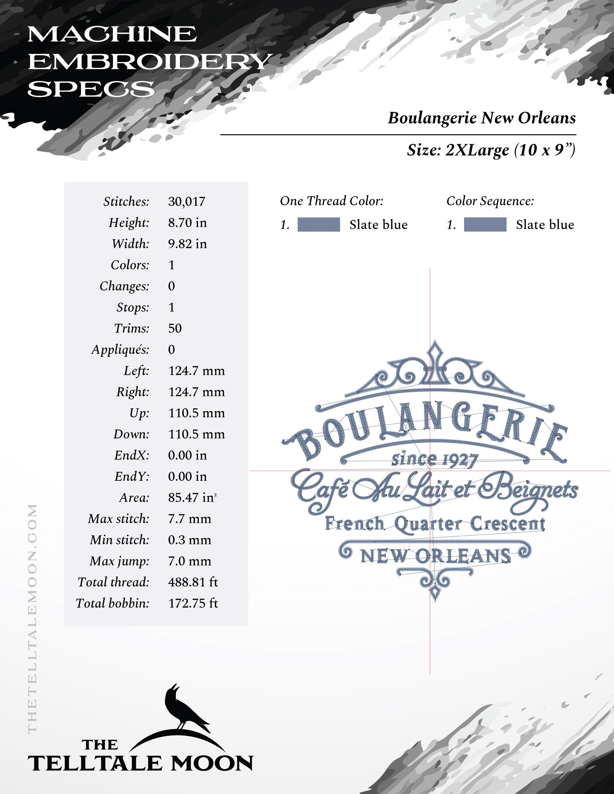 Embroidery: "Boulangerie New Orleans" - Five Sizes Between 5.5 and 10 Inches Wide