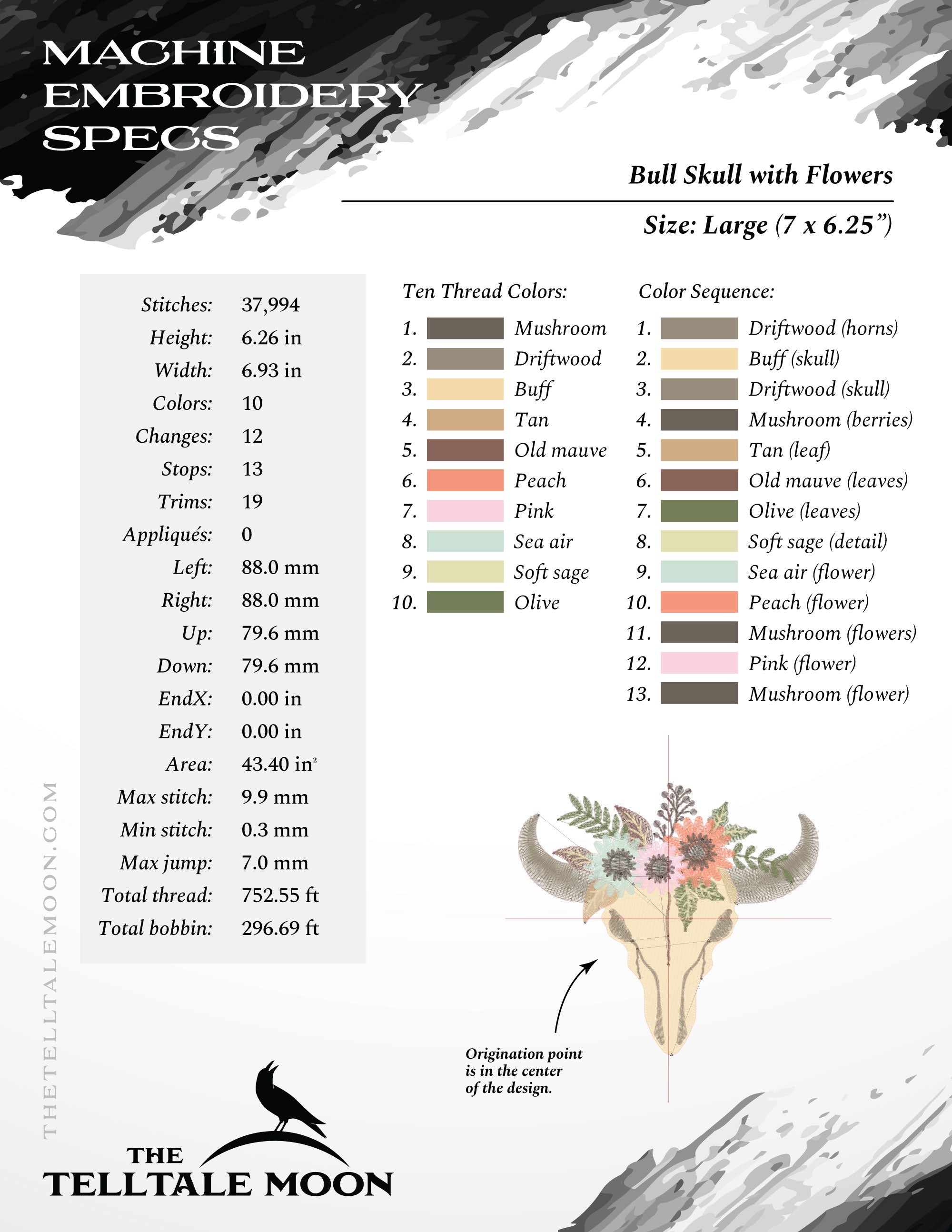 Embroidery: Pretty Bull Skull and Flowers - 4, 5, 6, and 7 Inches Square