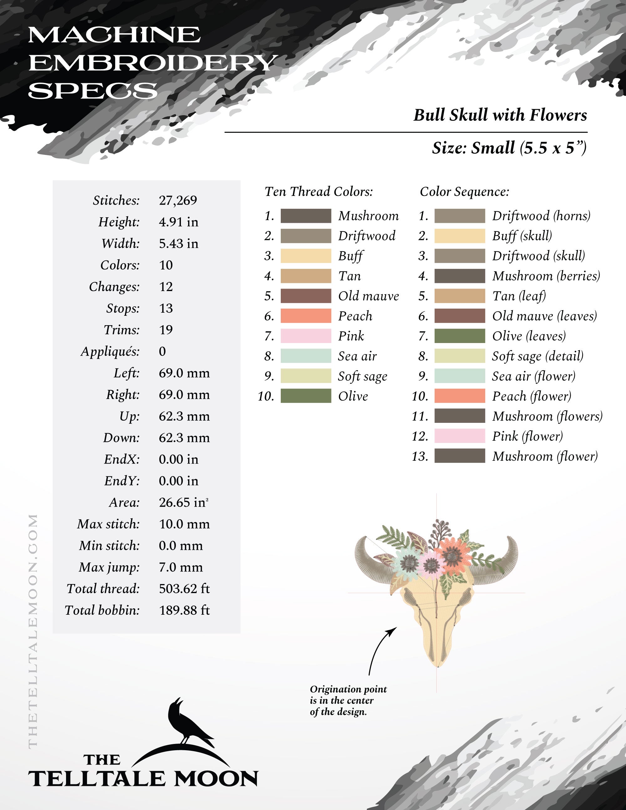 Embroidery: Pretty Bull Skull and Flowers - 4, 5, 6, and 7 Inches Square