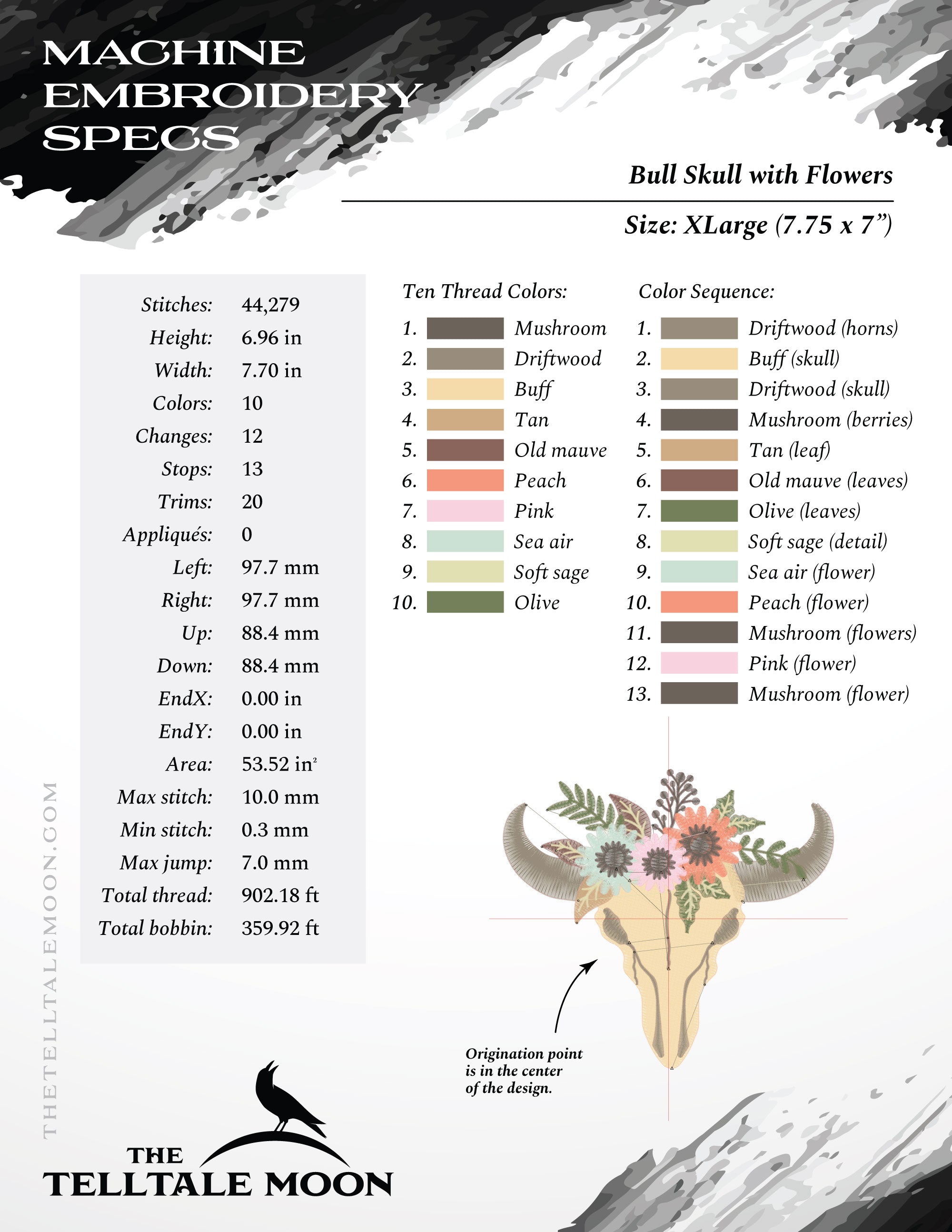 Embroidery: Pretty Bull Skull and Flowers - 4, 5, 6, and 7 Inches Square