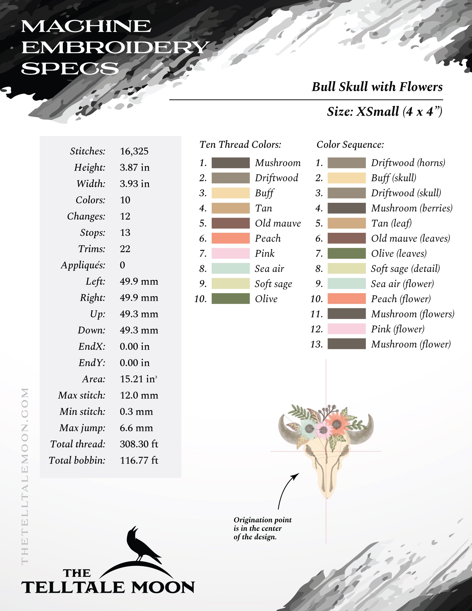 Embroidery: Pretty Bull Skull and Flowers - 4, 5, 6, and 7 Inches Square