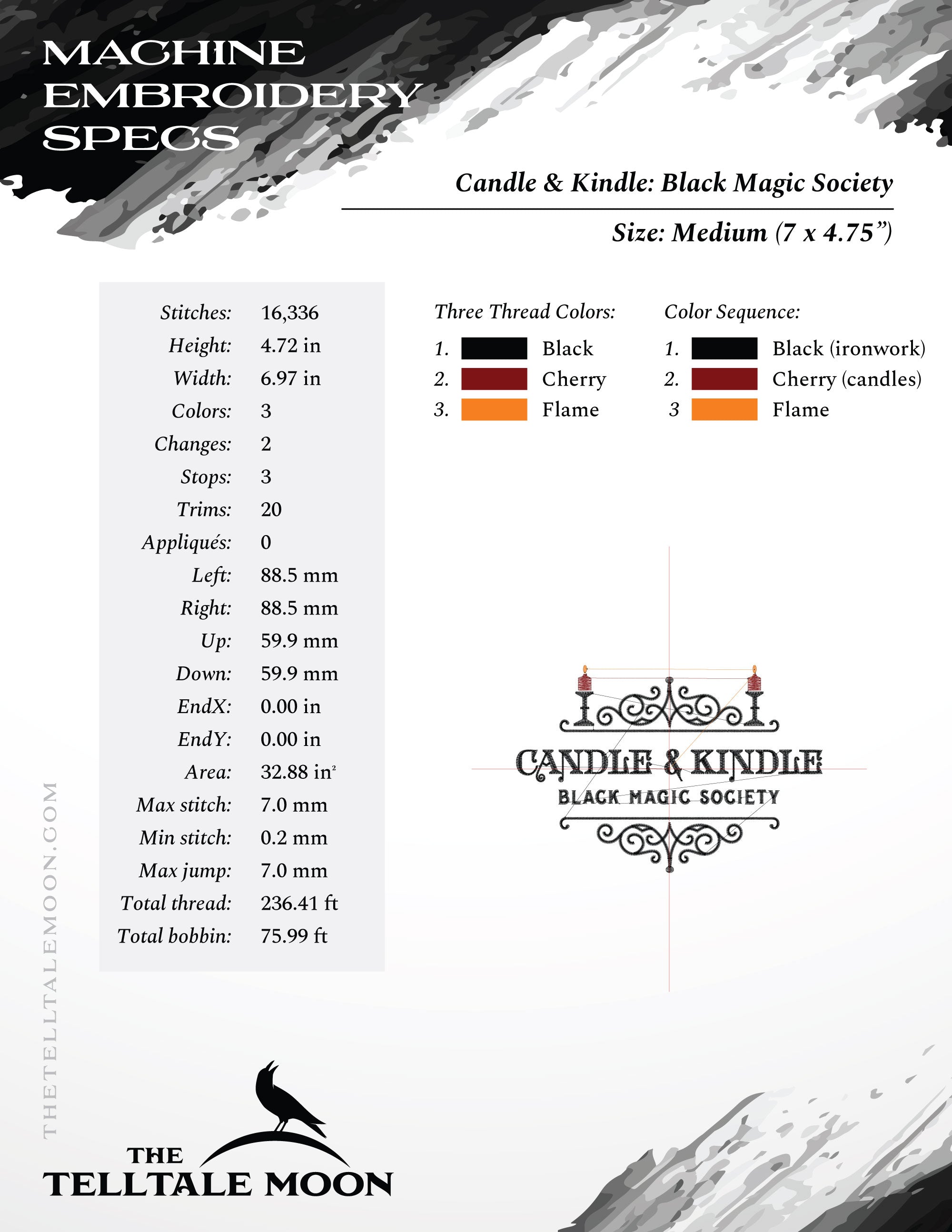 Embroidery: "Candle & Kindle Black Magic Society" Witchy Design - Five Sizes 6.5 to 10 Inches Wide