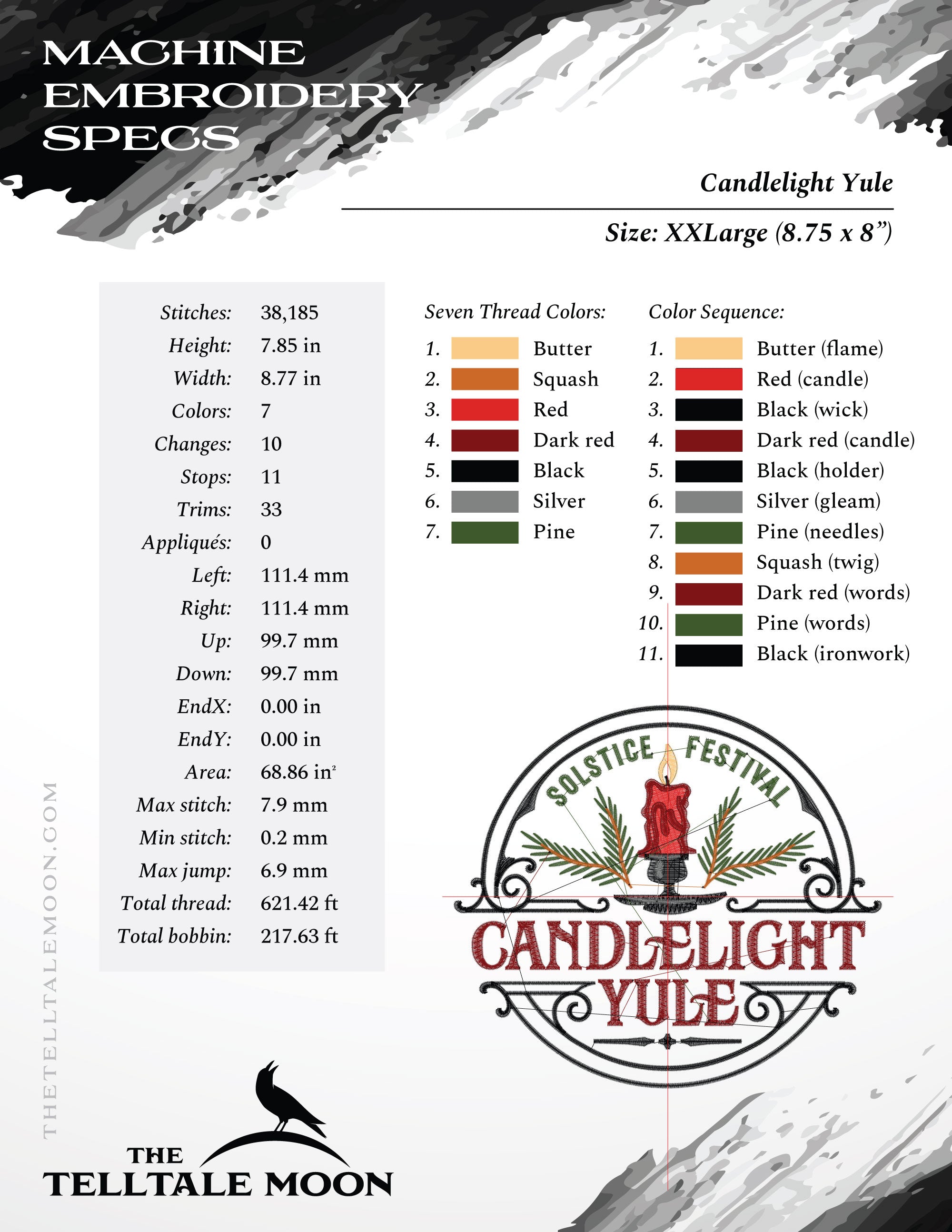 Embroidery: Candlelight Yule (Five Sizes between 5 and 9 Inches Square)