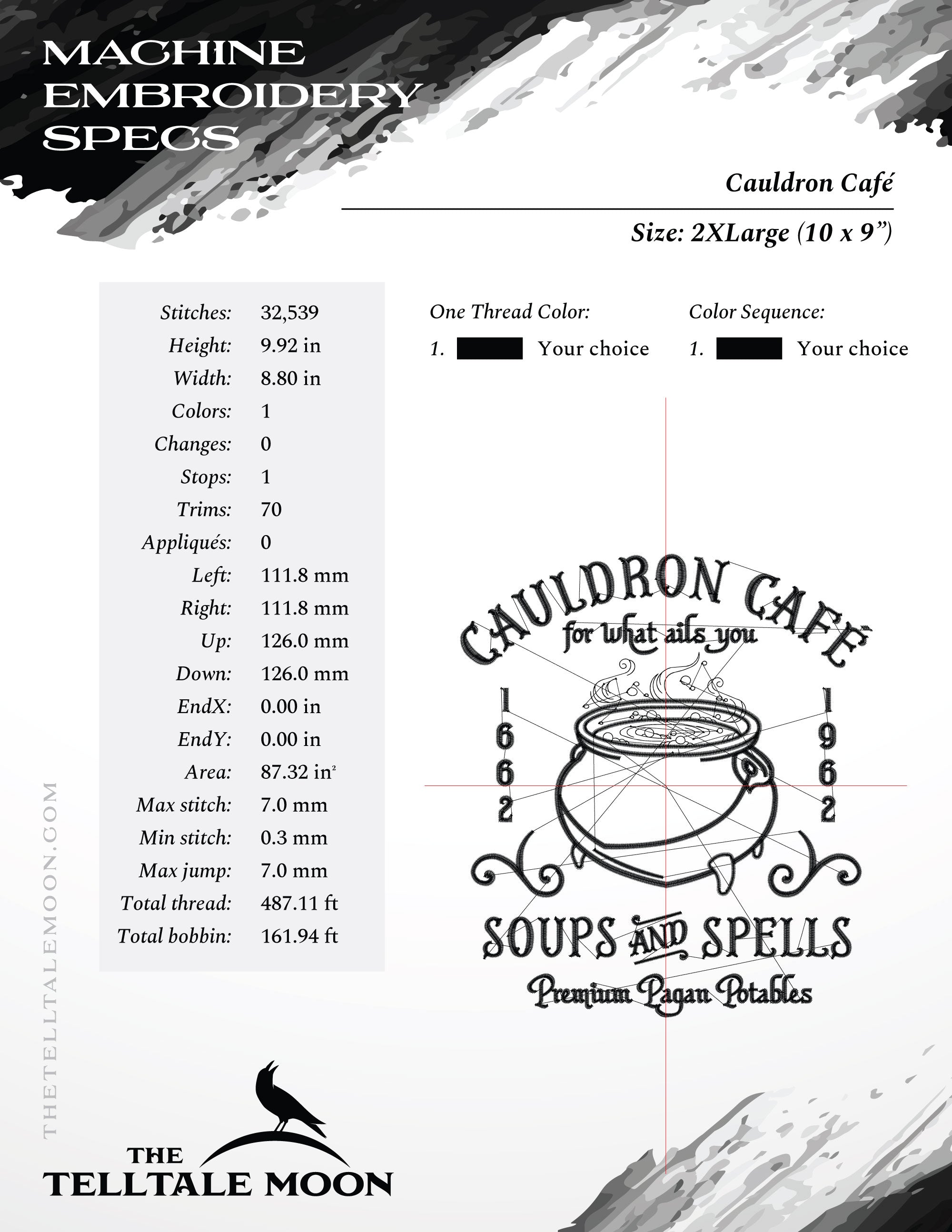 Embroidery: "Cauldron Cafe" Design - Five Sizes Just Under 6, 7, 8, 9, and 10 Inches Tall