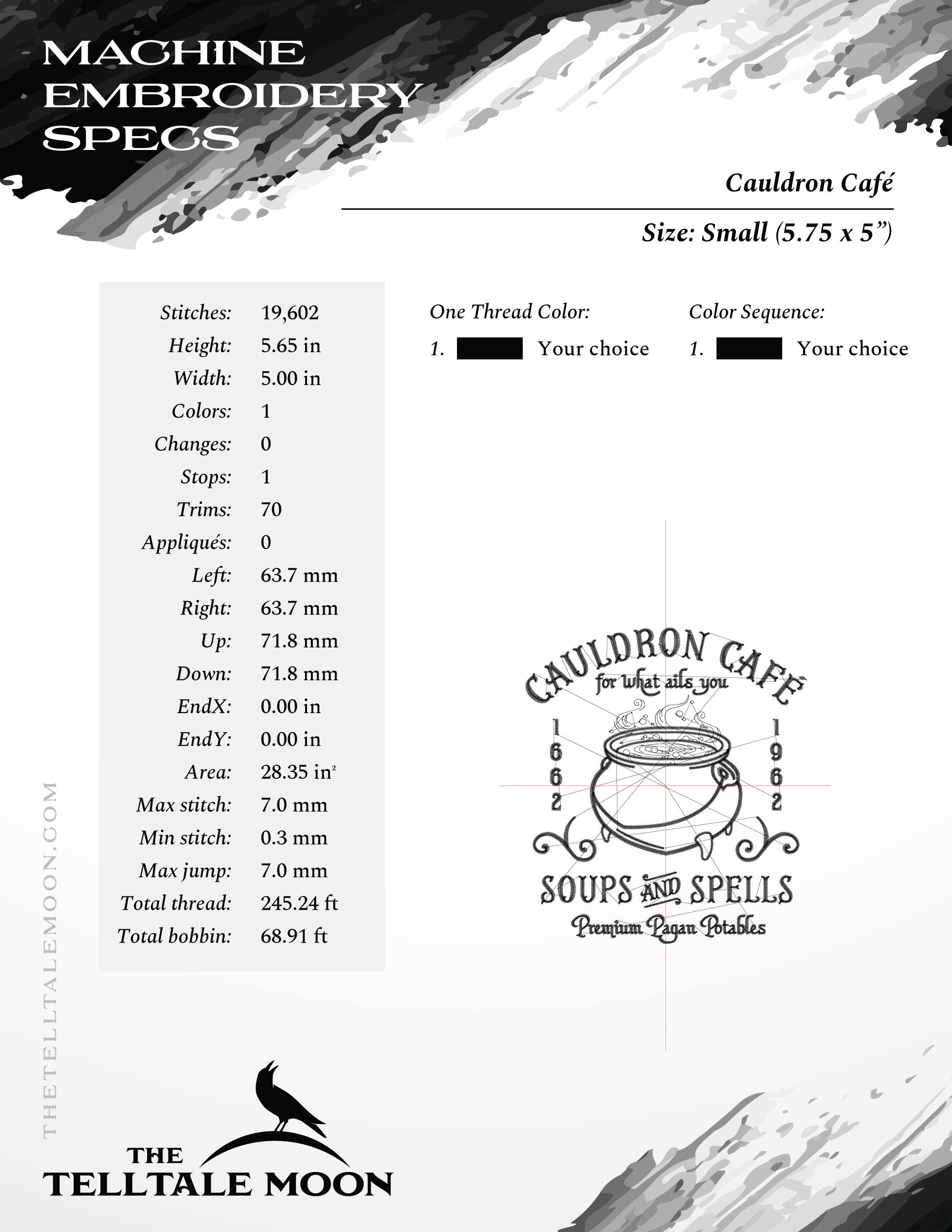 Embroidery: "Cauldron Cafe" Design - Five Sizes Just Under 6, 7, 8, 9, and 10 Inches Tall