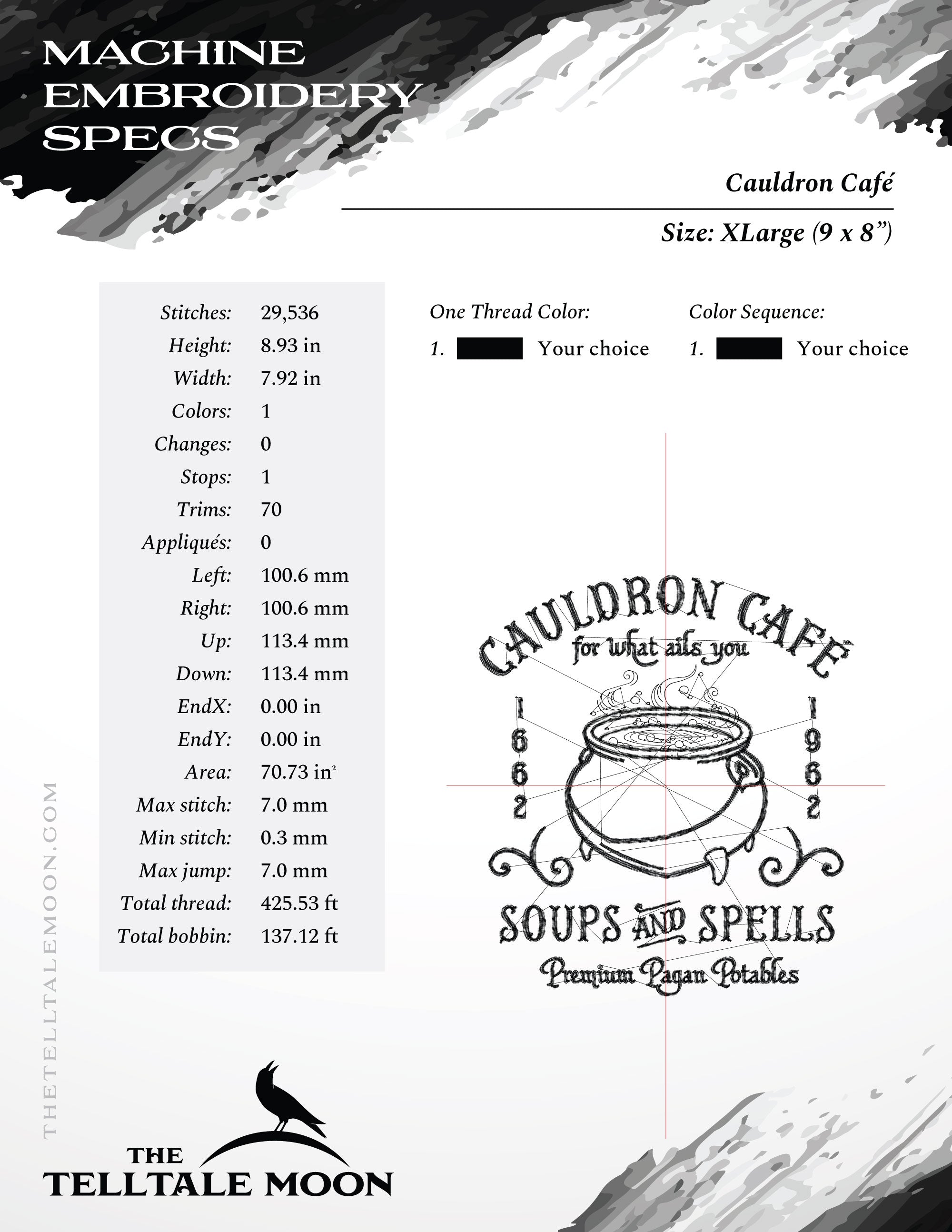 Embroidery: "Cauldron Cafe" Design - Five Sizes Just Under 6, 7, 8, 9, and 10 Inches Tall