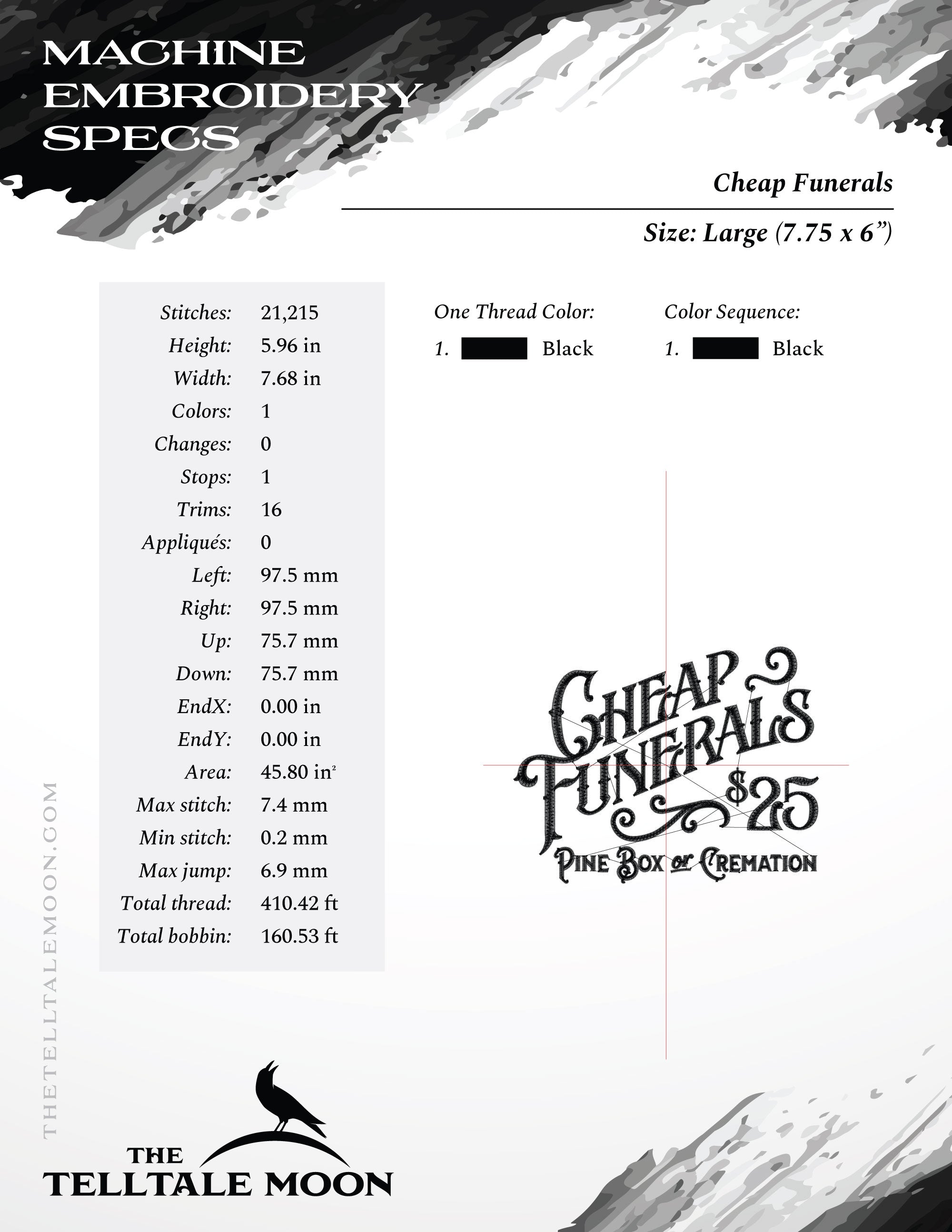 Embroidery: "Cheap Funerals" Darkly Fun Vintage Design - Five Sizes