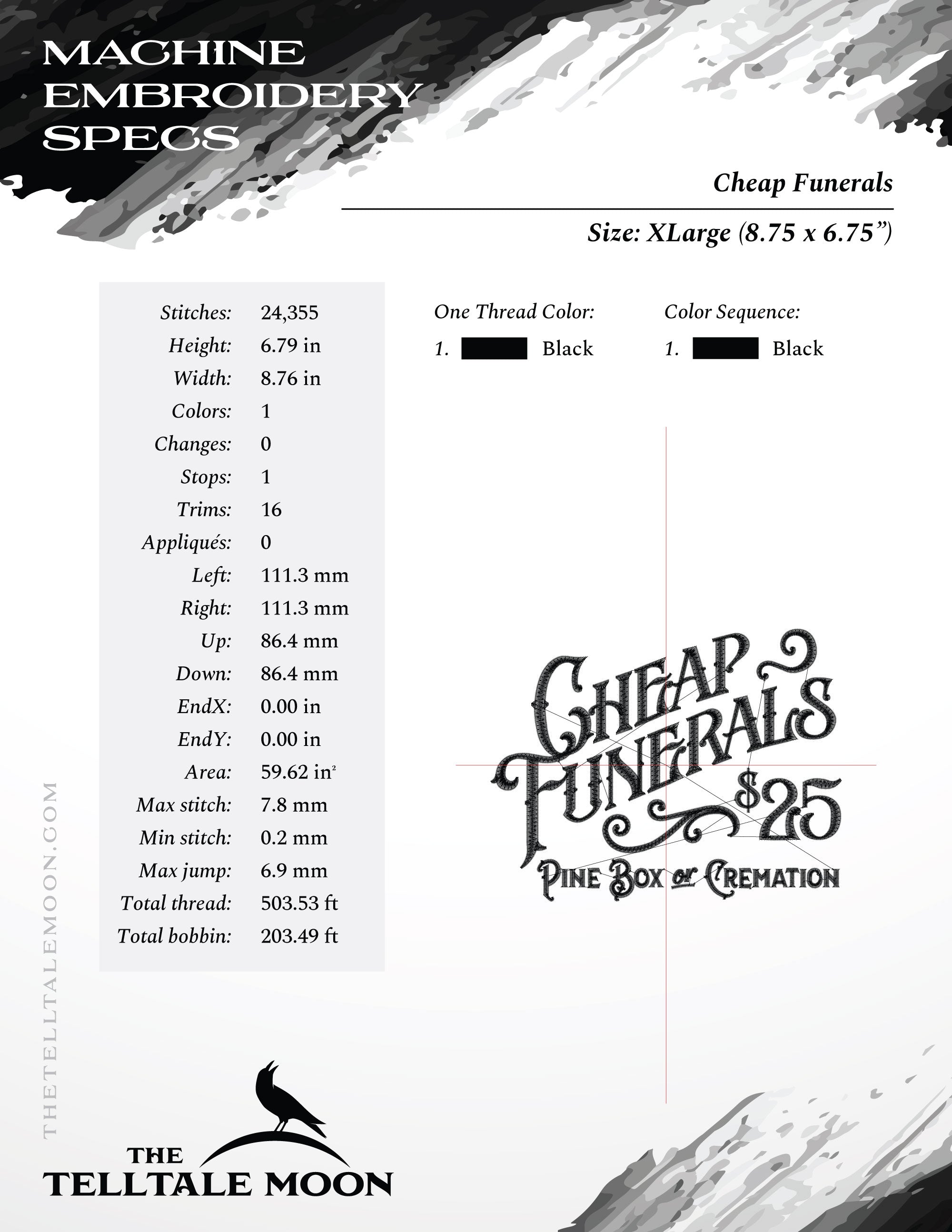 Embroidery: "Cheap Funerals" Darkly Fun Vintage Design - Five Sizes