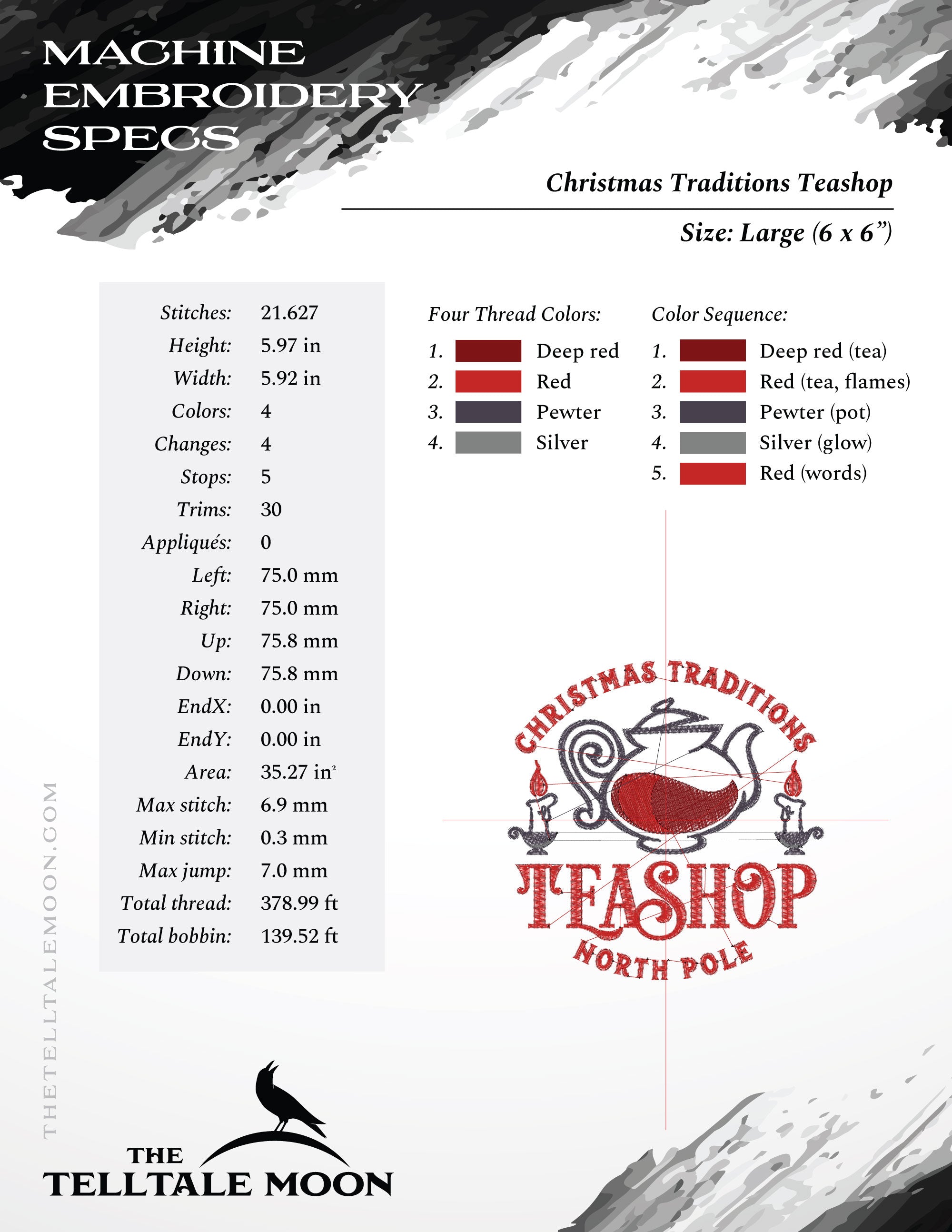 Embroidery: "Christmas Traditions Teashop" - Five Sizes Between 4 and 7 Inches