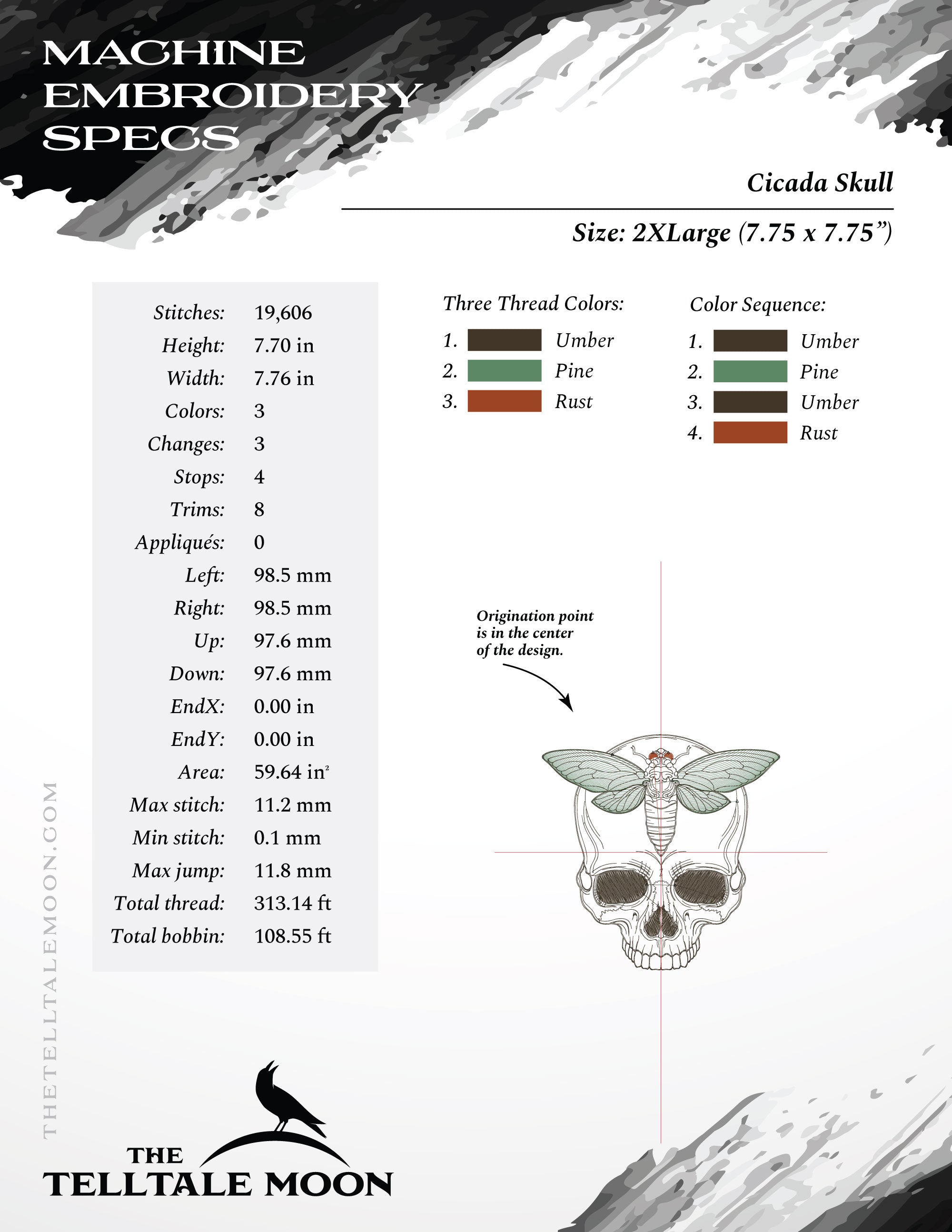 Embroidery: Cicada Skull - Five Sizes 4 to 8 Inches Square - Three Thread Colors