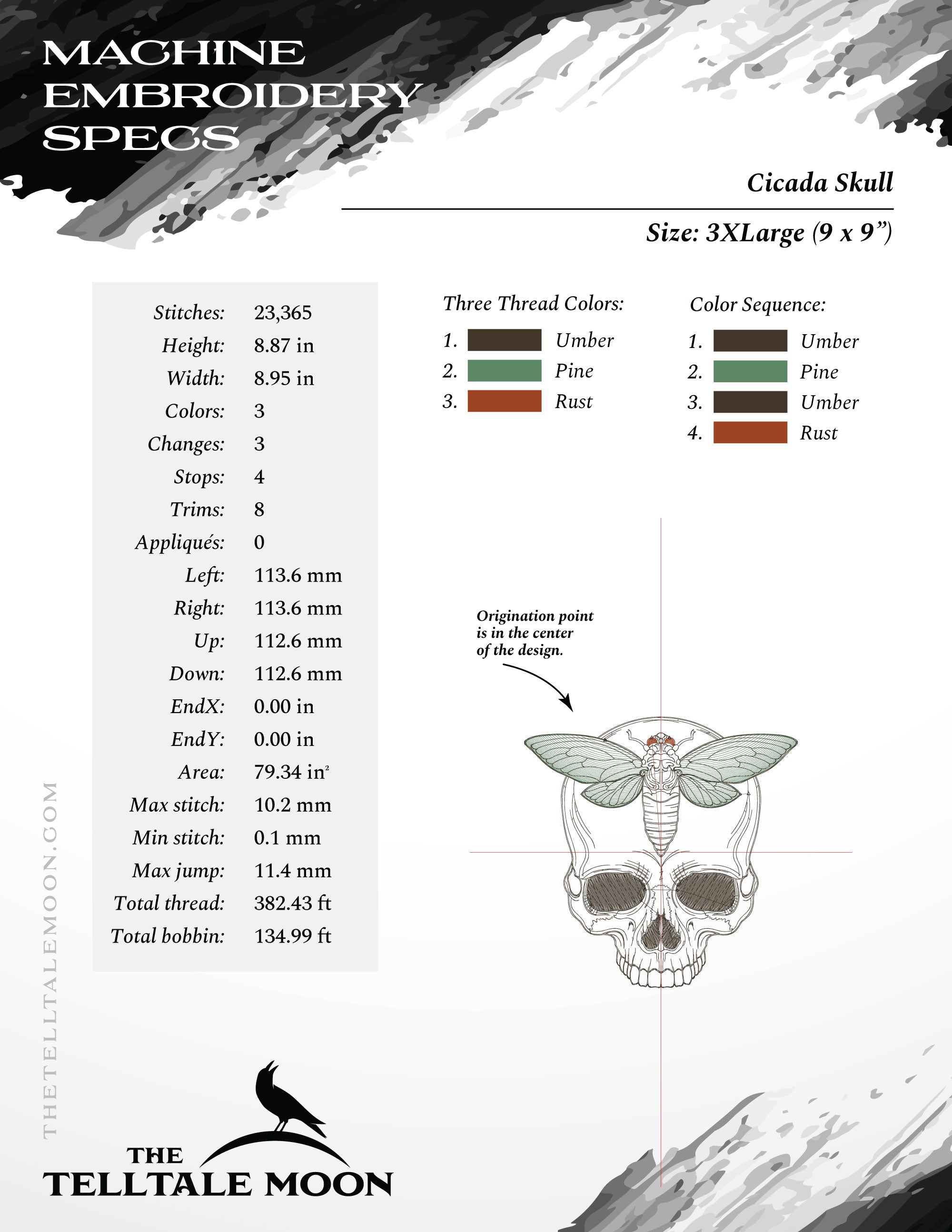 Embroidery: Cicada Skull - Five Sizes 4 to 8 Inches Square - Three Thread Colors