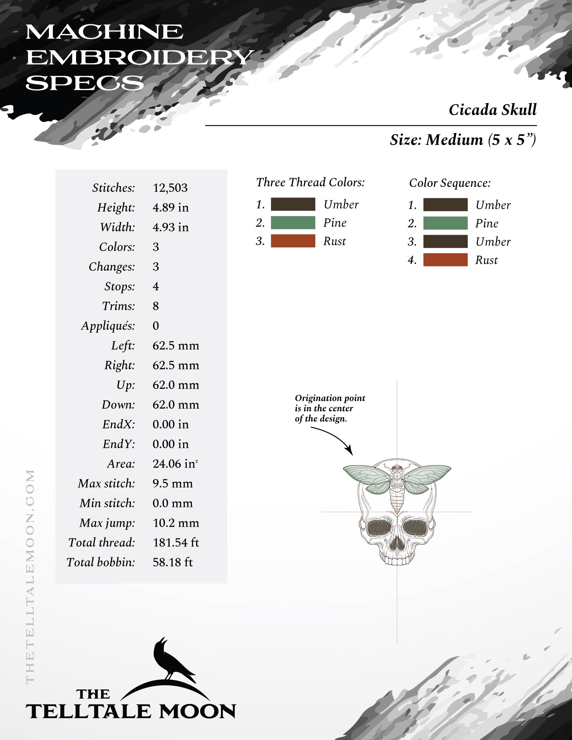 Embroidery: Cicada Skull - Five Sizes 4 to 8 Inches Square - Three Thread Colors
