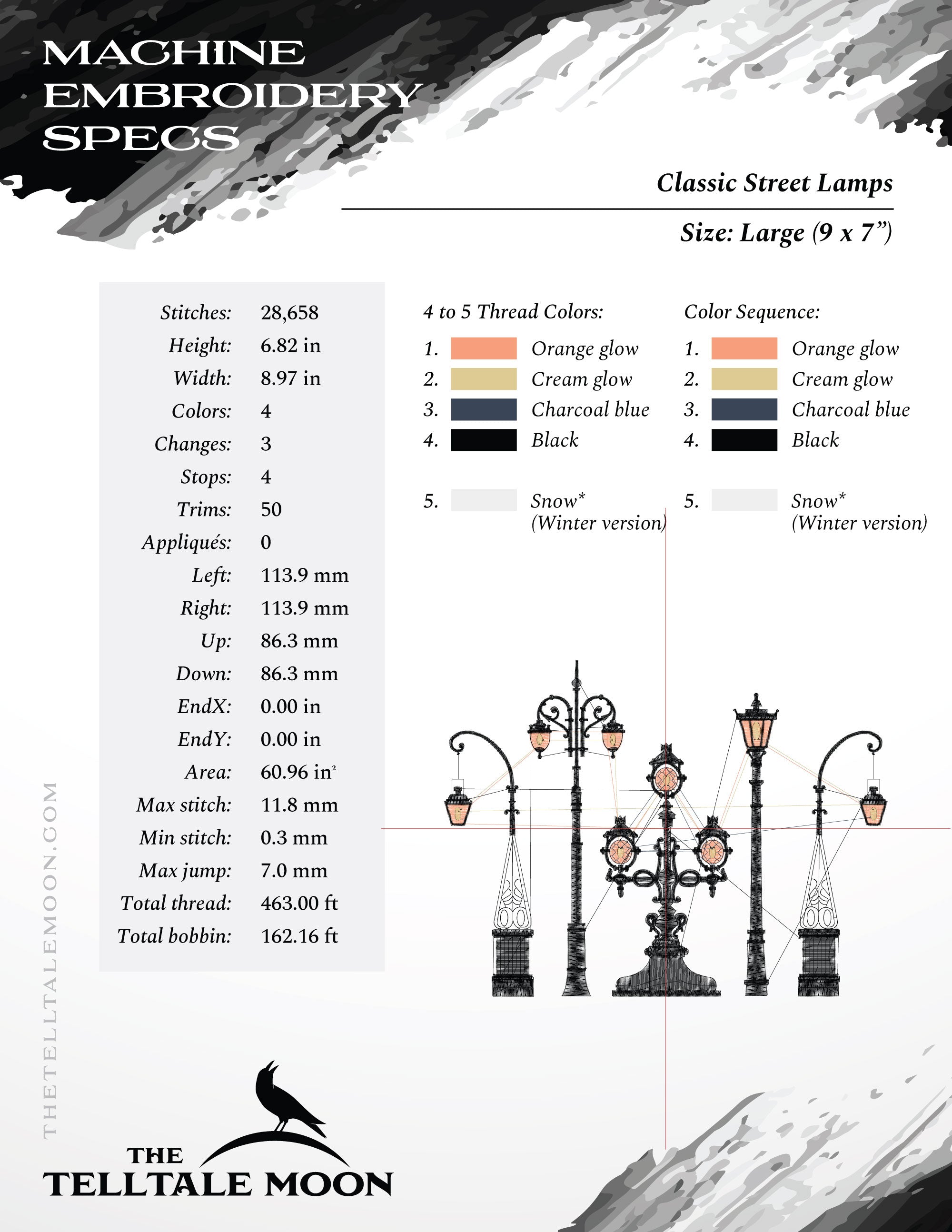 Embroidery: Classic Iron Street Lamps, Sizes Between 7 and 9 Inches Wide