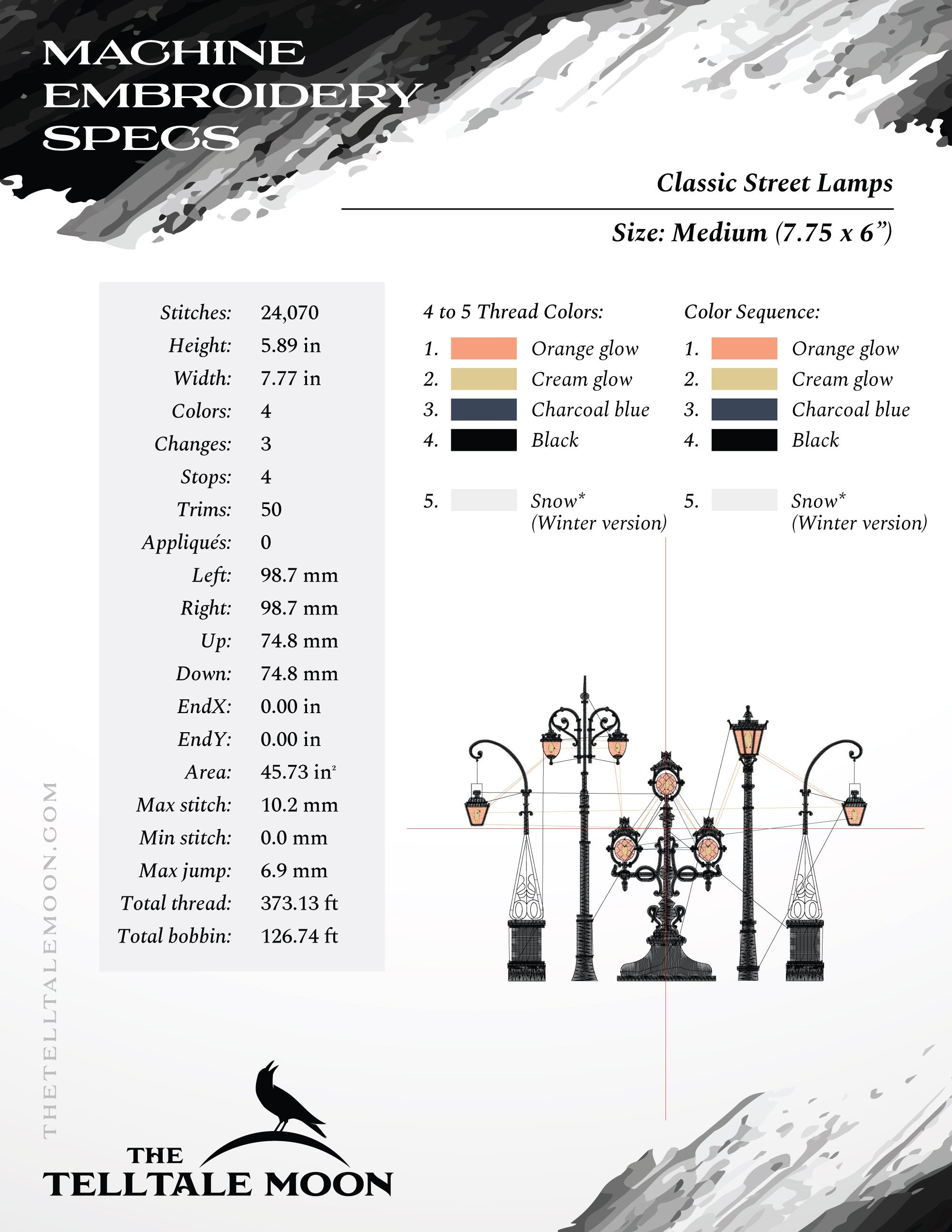 Embroidery: Classic Iron Street Lamps, Sizes Between 7 and 9 Inches Wide
