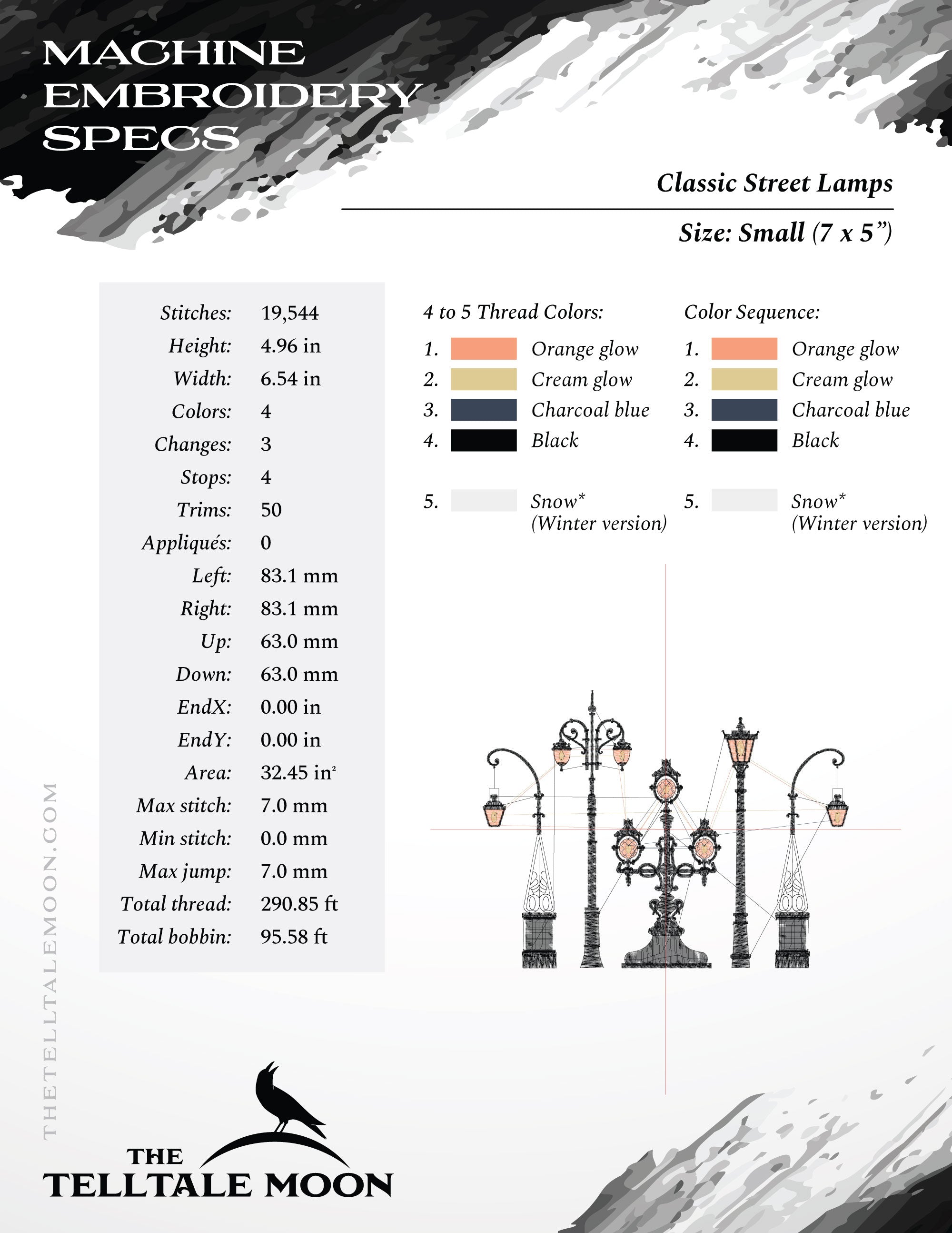 Embroidery: Classic Iron Street Lamps, Sizes Between 7 and 9 Inches Wide