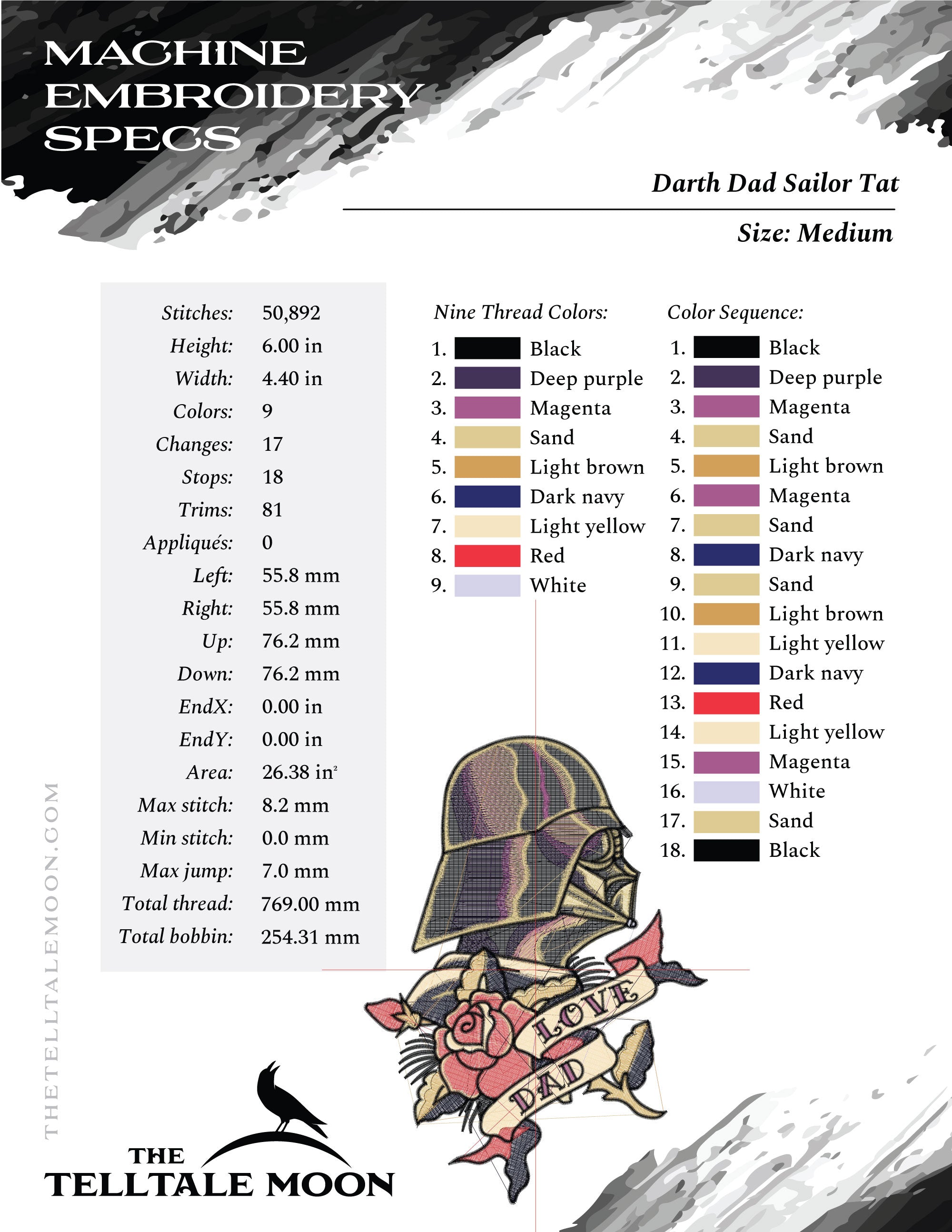 Embroidery: Funny "Darth Dad" Sailor Tattoo - 6 and 7 Inch Versions - Nine Thread Colors