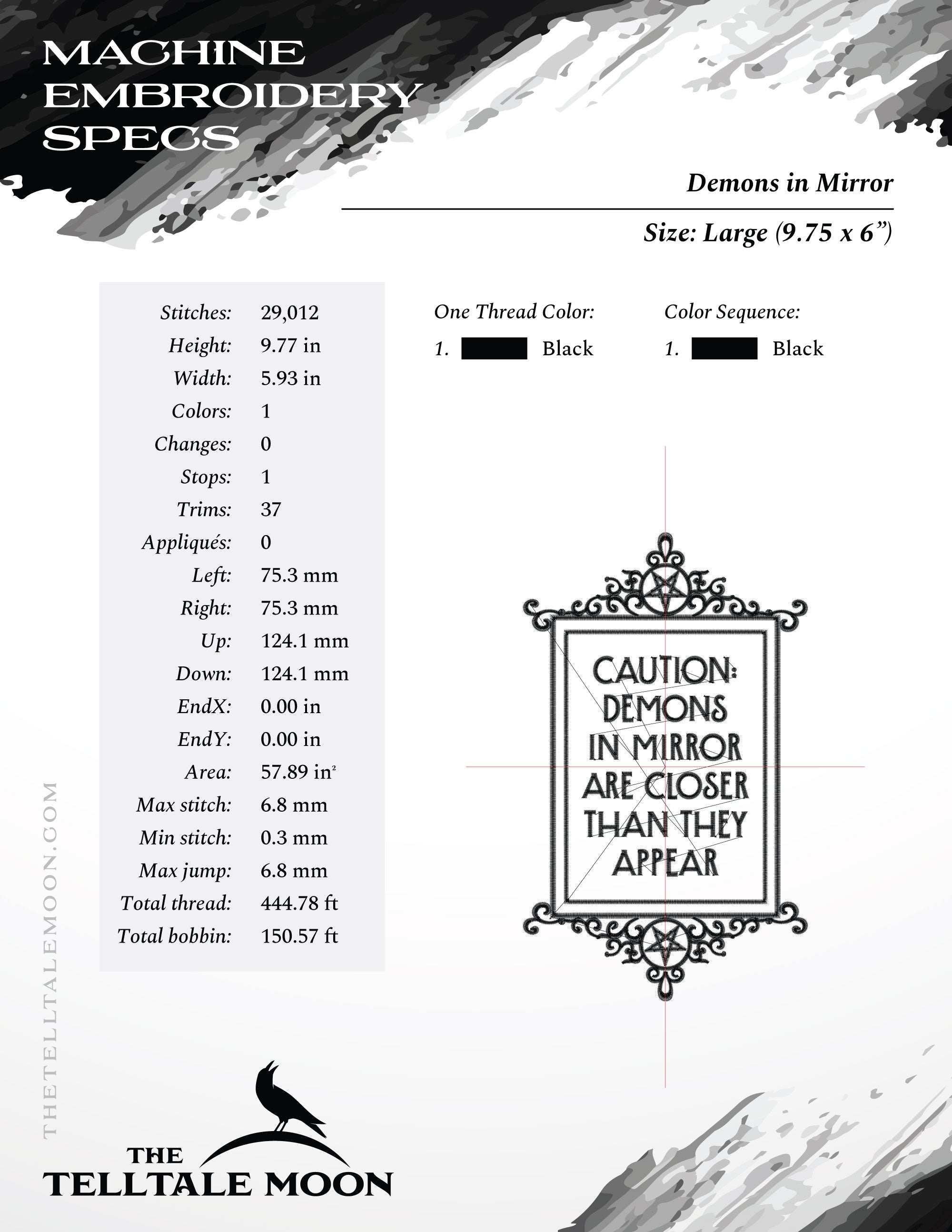 Embroidery: "Demons In Mirror Are Closer" - Four Sizes Between 7 and 11 Inches Tall