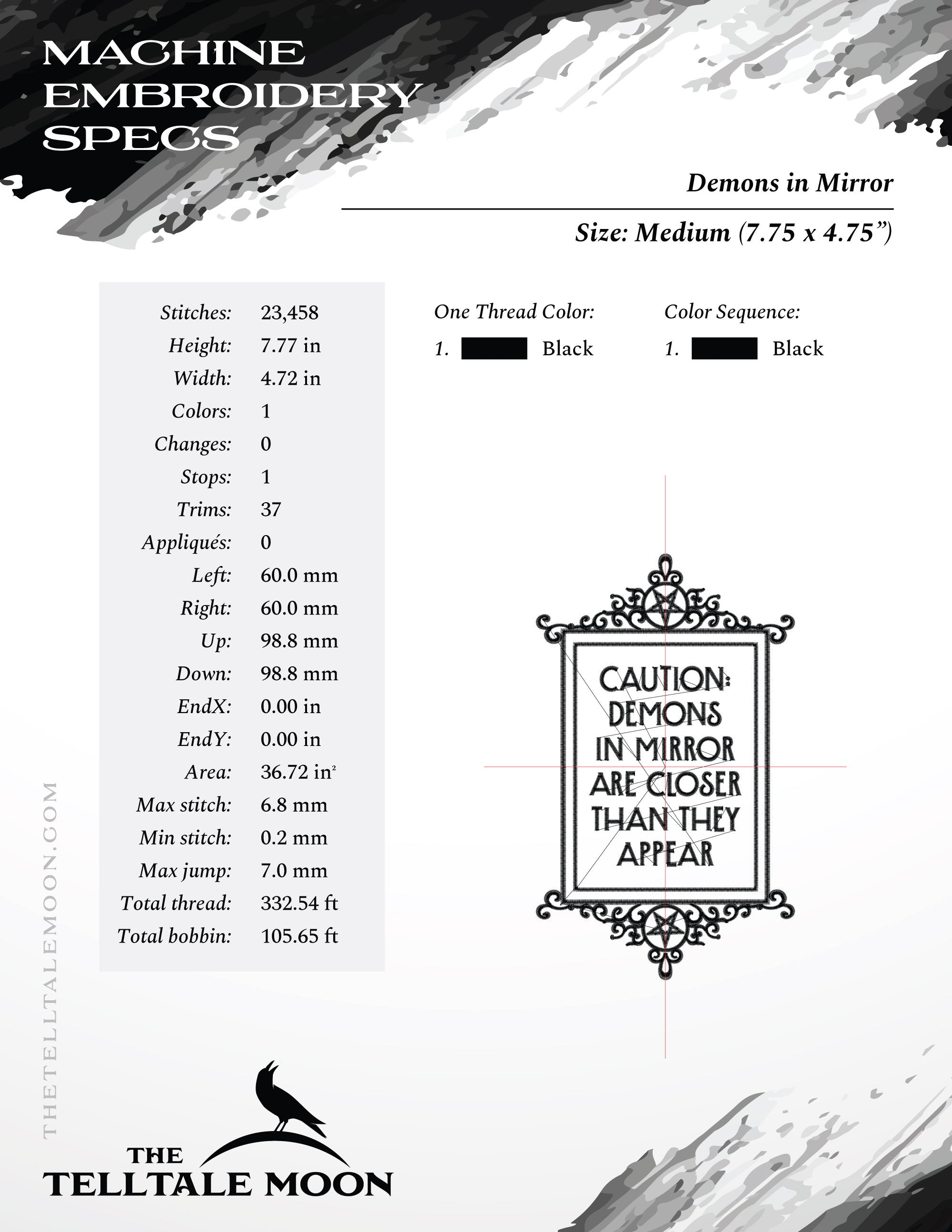 Embroidery: "Demons In Mirror Are Closer" - Four Sizes Between 7 and 11 Inches Tall