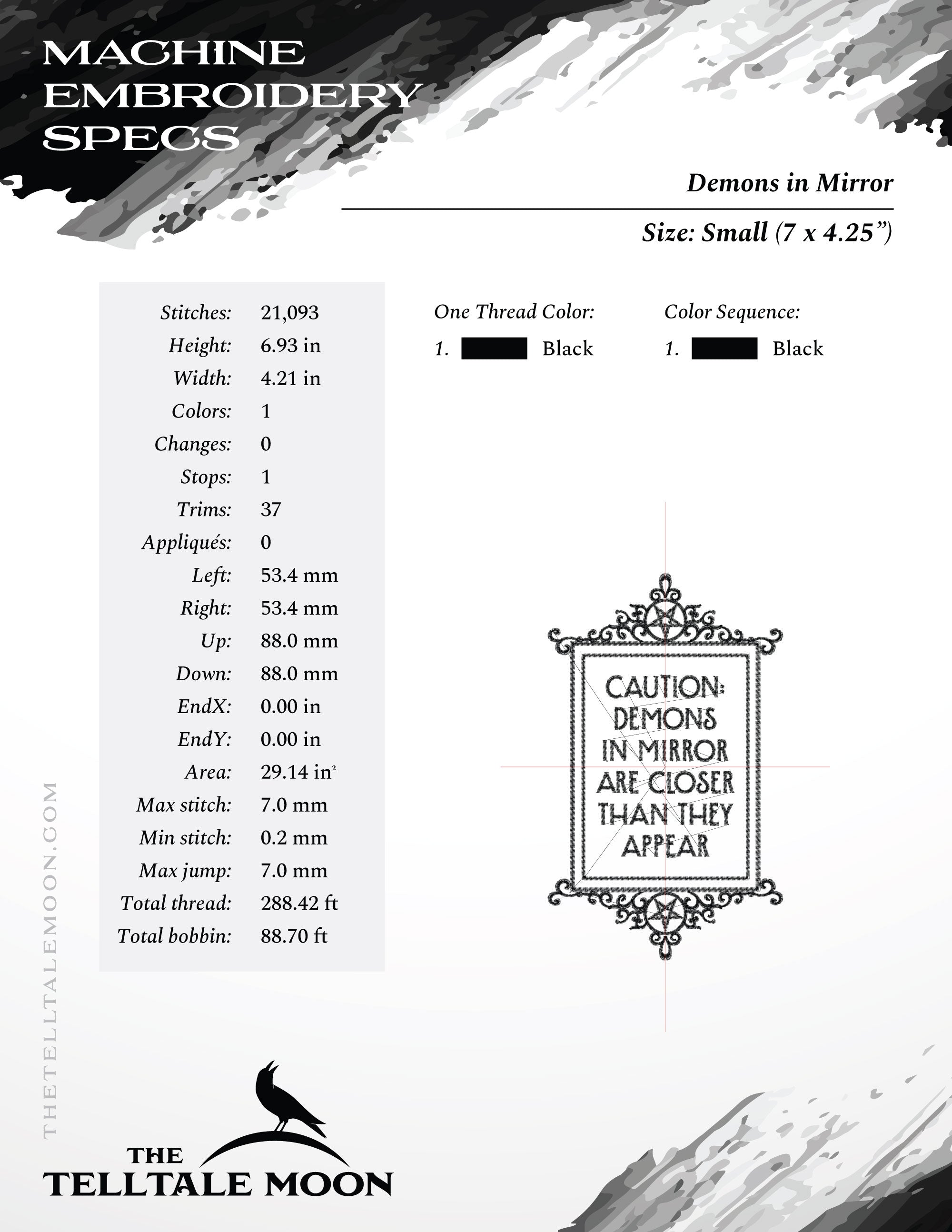 Embroidery: "Demons In Mirror Are Closer" - Four Sizes Between 7 and 11 Inches Tall