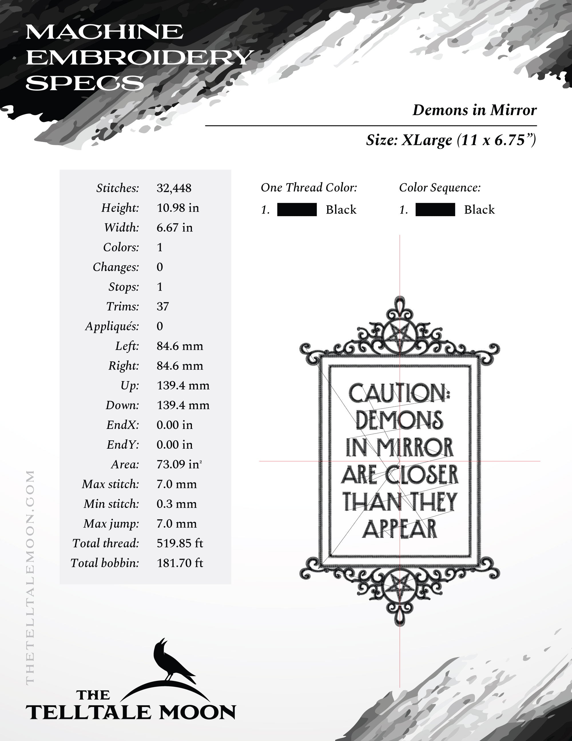 Embroidery: "Demons In Mirror Are Closer" - Four Sizes Between 7 and 11 Inches Tall