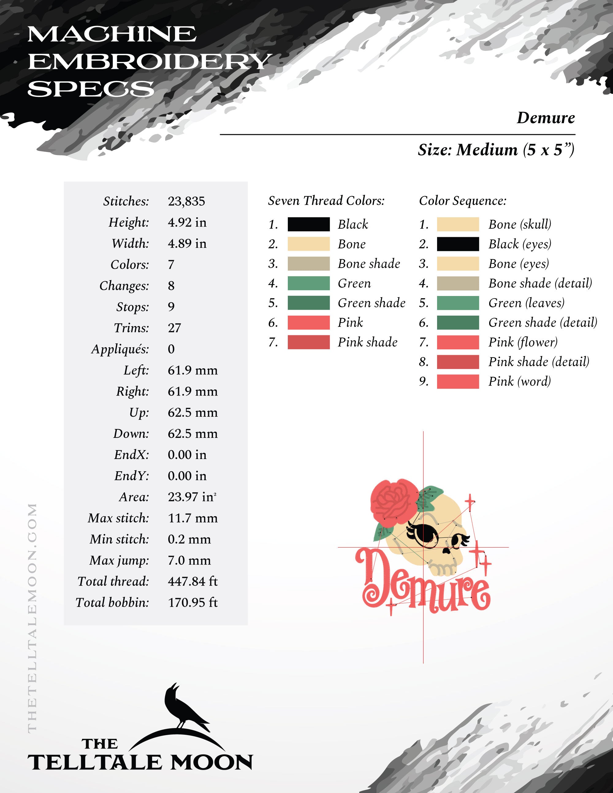 Embroidery: "Demure" Skull Design for Download - 3.5, 4, 5, and 6 Inches - Seven Thread Colors