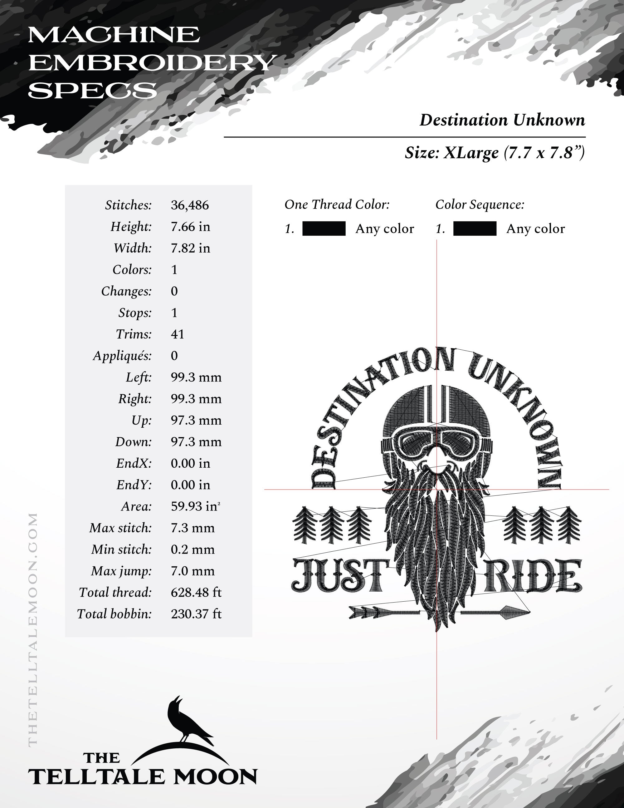 Embroidery: "Destination Unknown, Just Ride" - 5, 6, 7, and 8 Inches Square