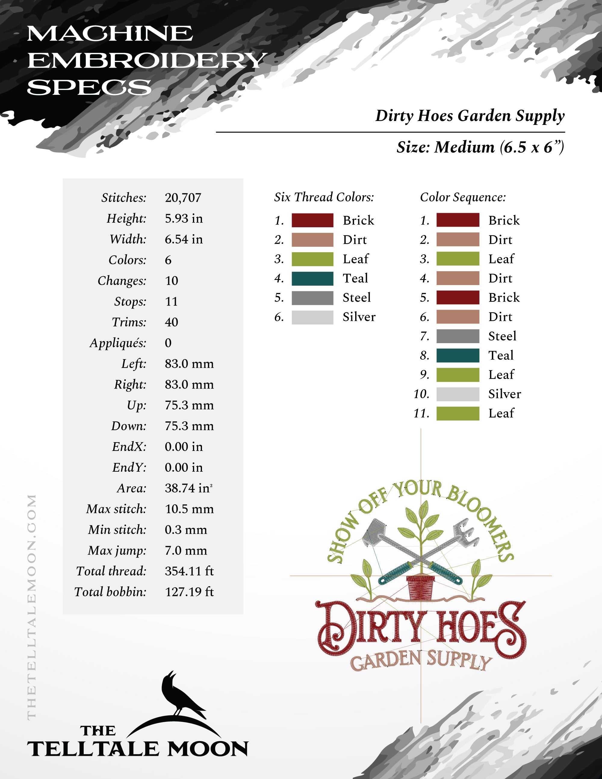 Embroidery: "Dirty Hoes Garden Supply" - 5, 6, 7, and 8 Inches Wide - Up to Six Thread Colors