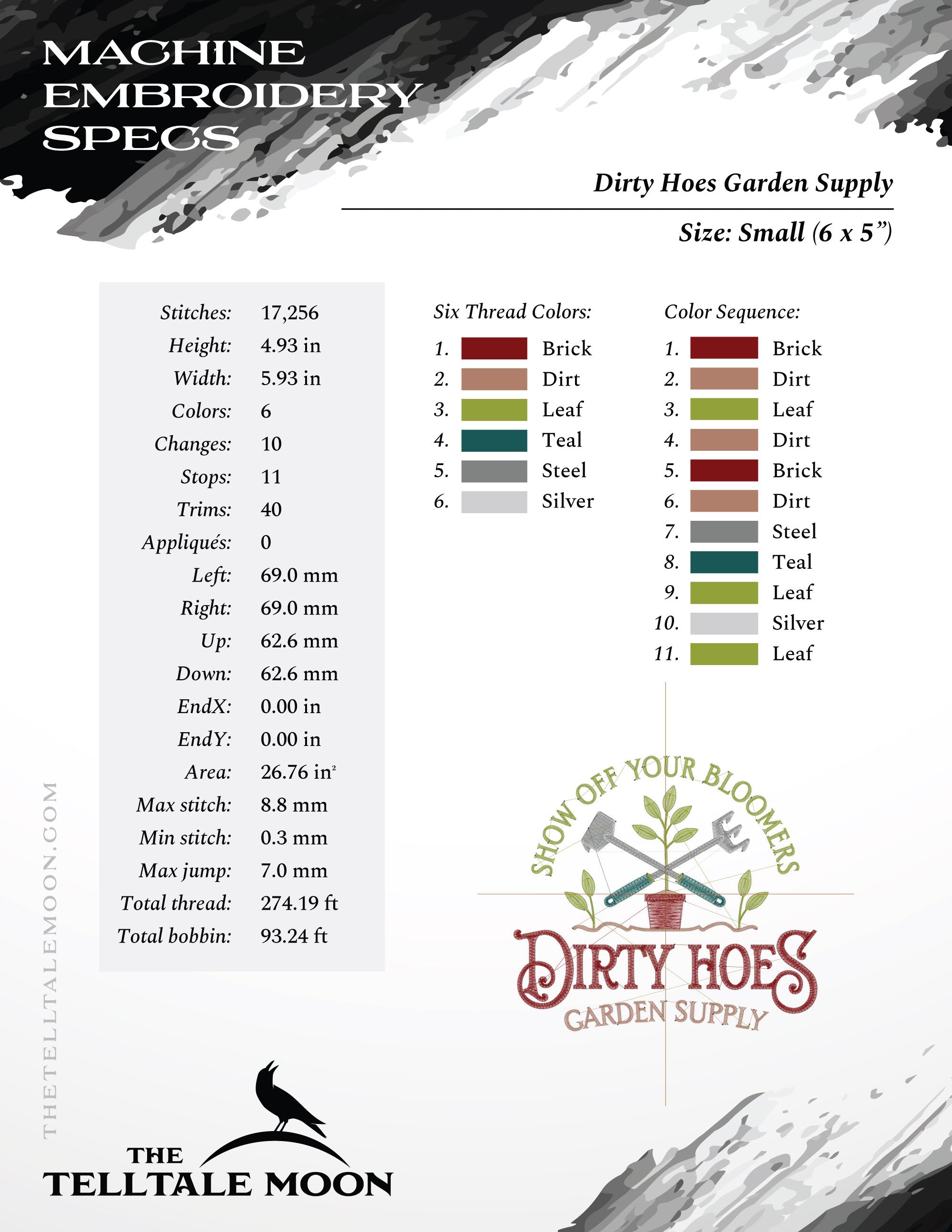 Embroidery: "Dirty Hoes Garden Supply" - 5, 6, 7, and 8 Inches Wide - Up to Six Thread Colors