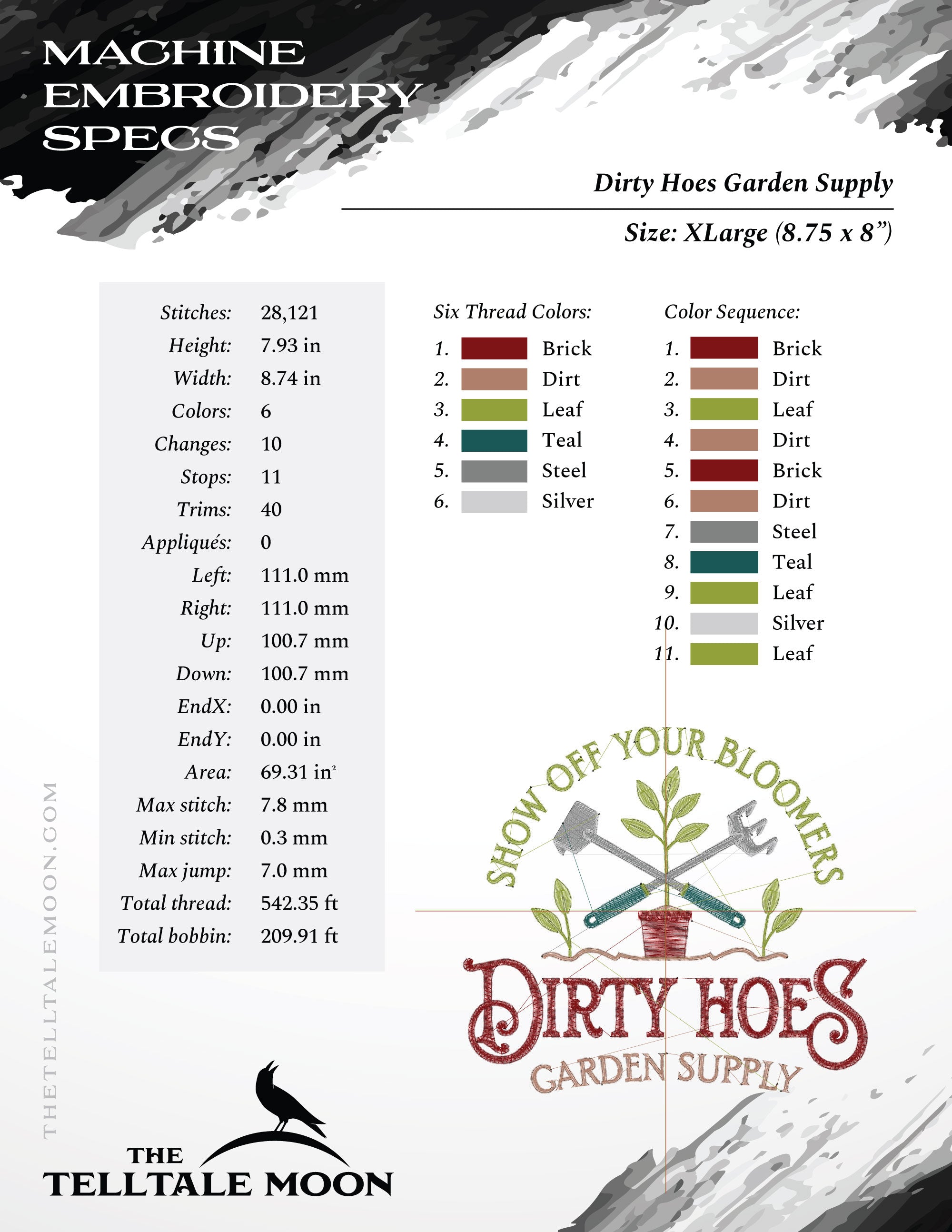Embroidery: "Dirty Hoes Garden Supply" - 5, 6, 7, and 8 Inches Wide - Up to Six Thread Colors