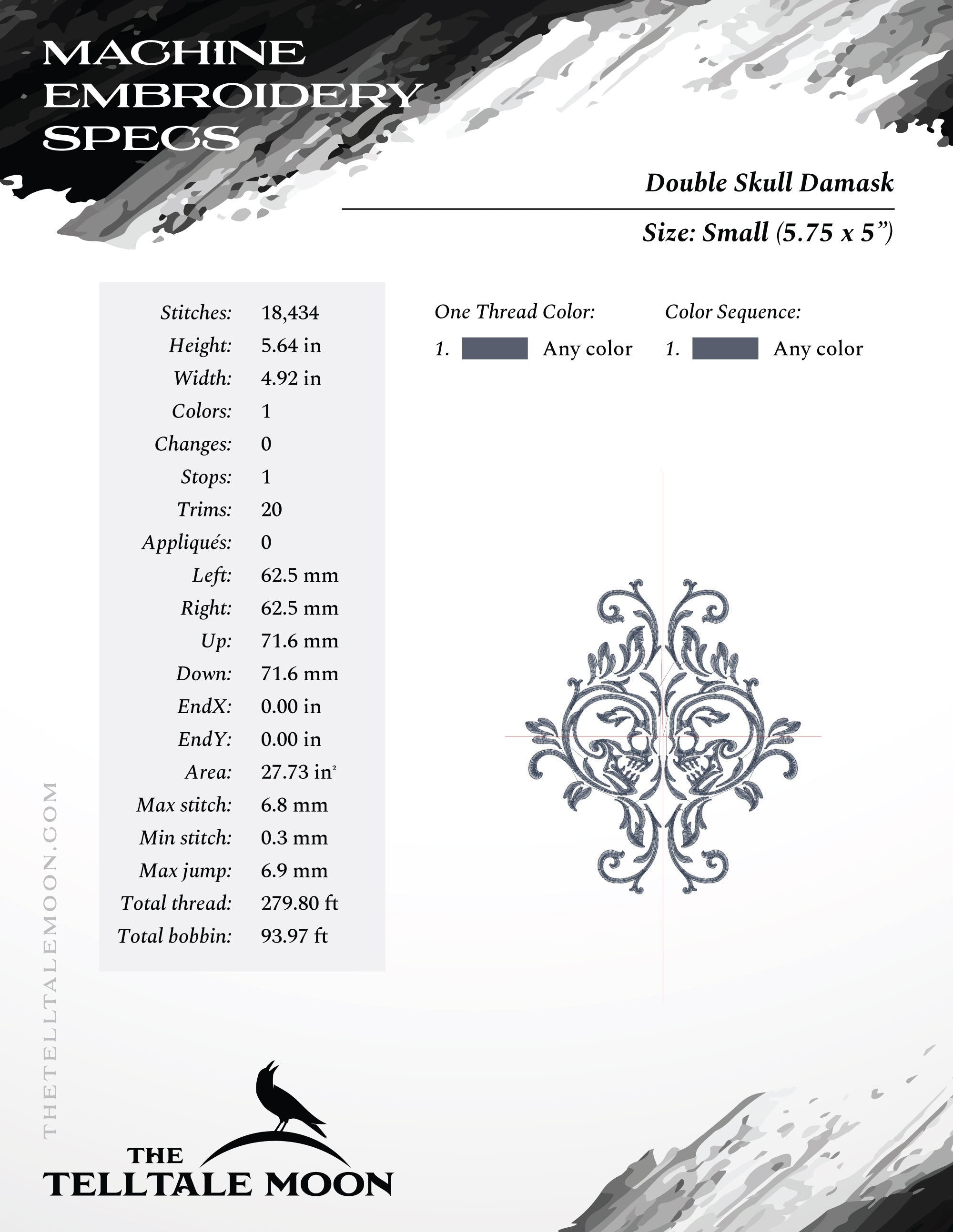 Embroidery: SET of Gothic Skull Damask Designs - Includes Double, Single, and Skull in Four Sizes