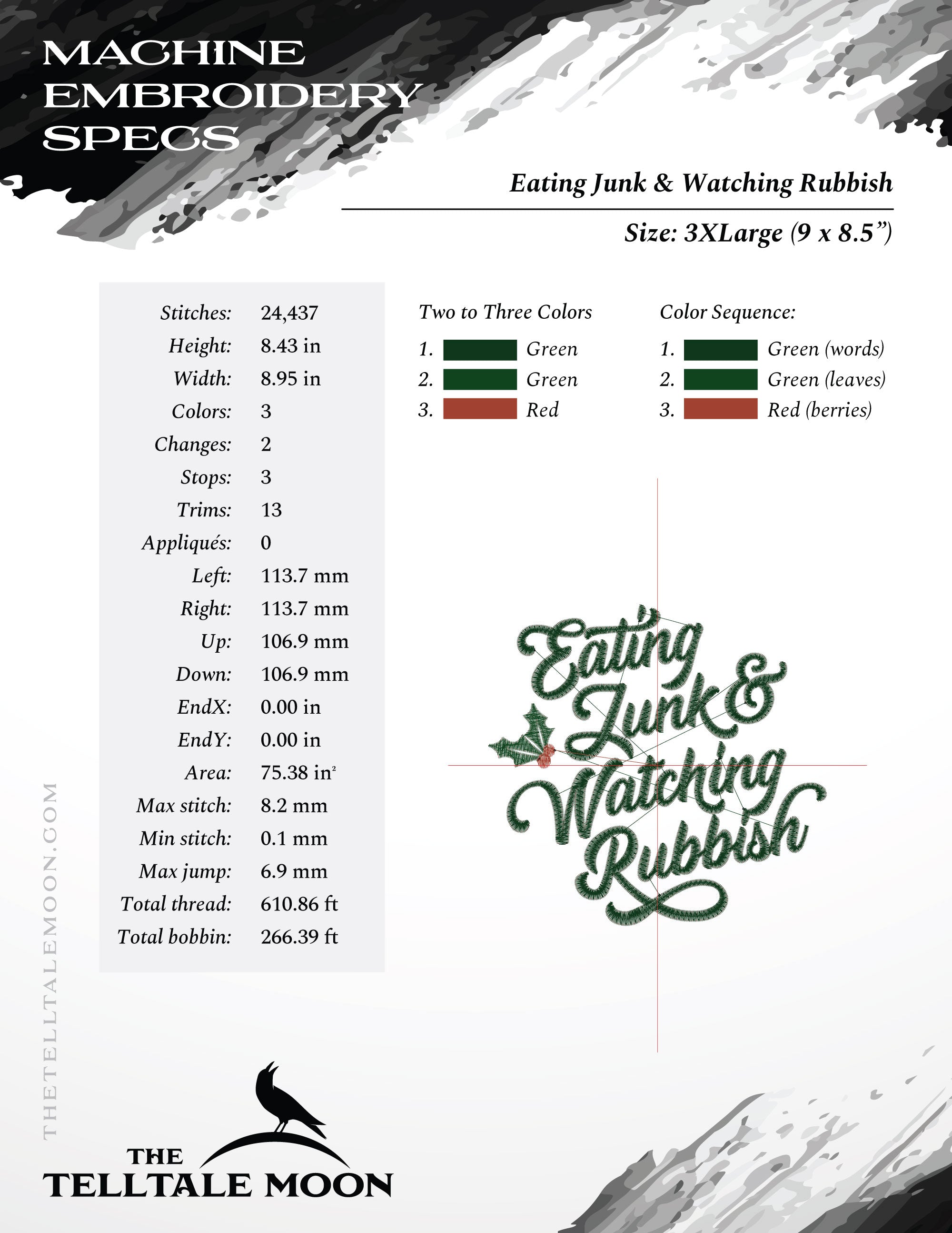 Embroidery: Cute Christmas Humor "Eating Junk" Quote - Six Sizes Between 4 and 9 Inches