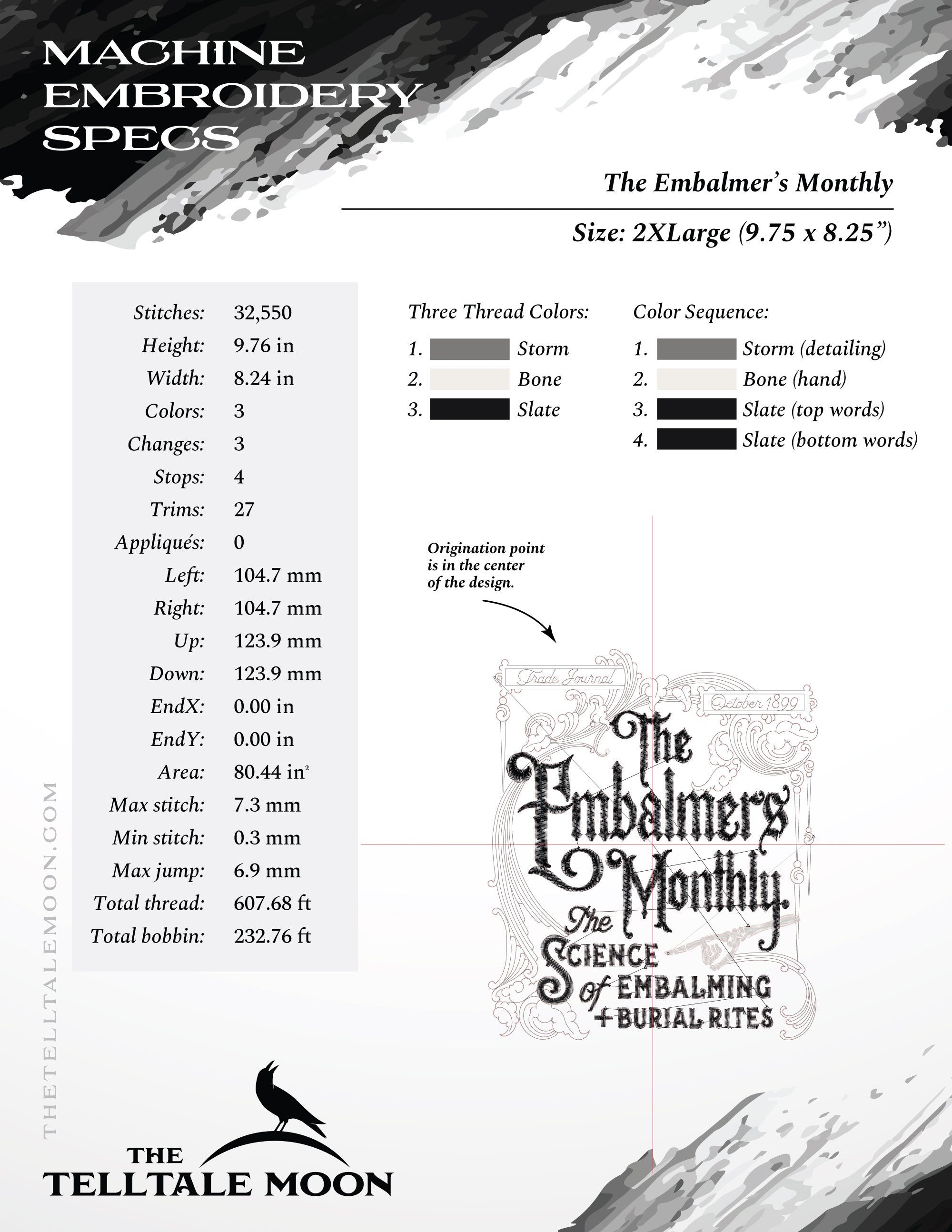 Embroidery: "The Embalmers Monthly" Antique Trade Design - Six Sizes - Three Thread Colors