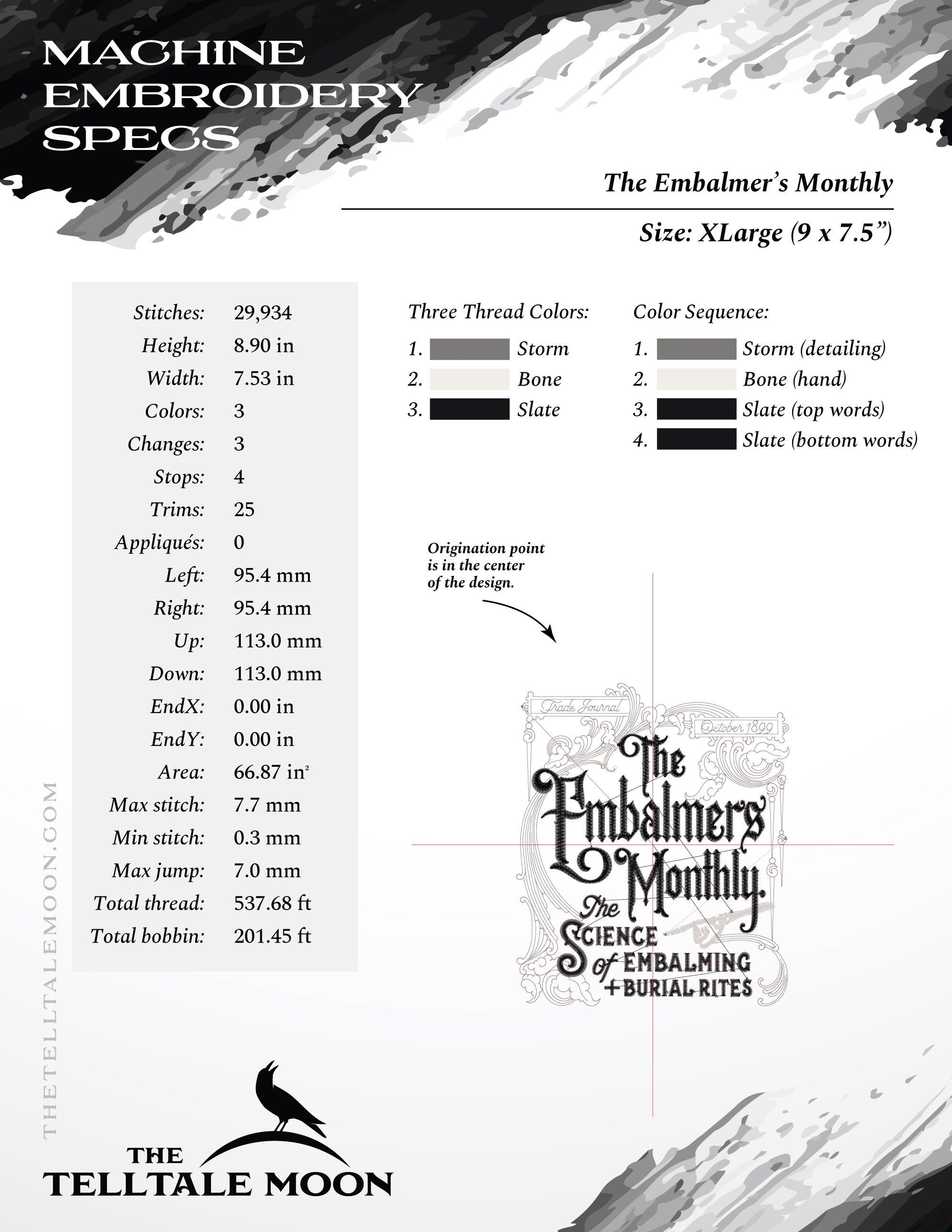 Embroidery: "The Embalmers Monthly" Antique Trade Design - Six Sizes - Three Thread Colors