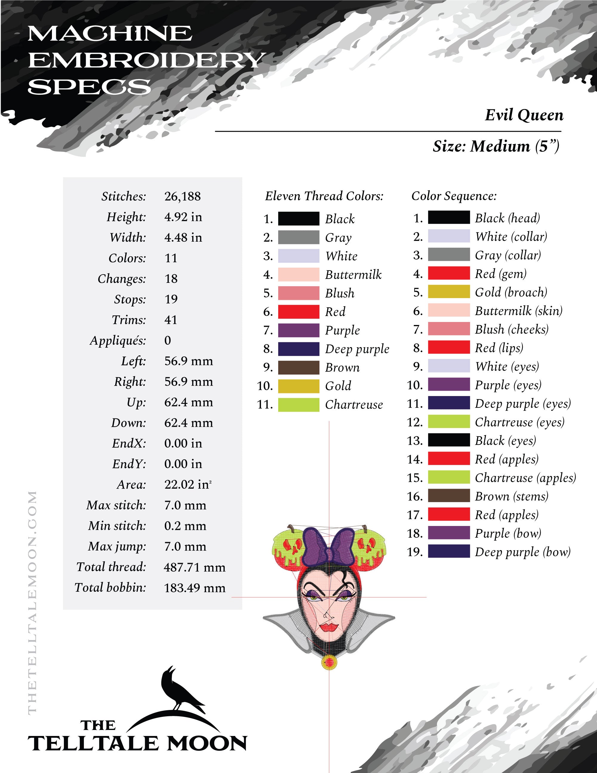 Embroidery Set: Wicked Queen with "Poison Apple Ears" - 4, 5, 6, and 7 Inch Sizes