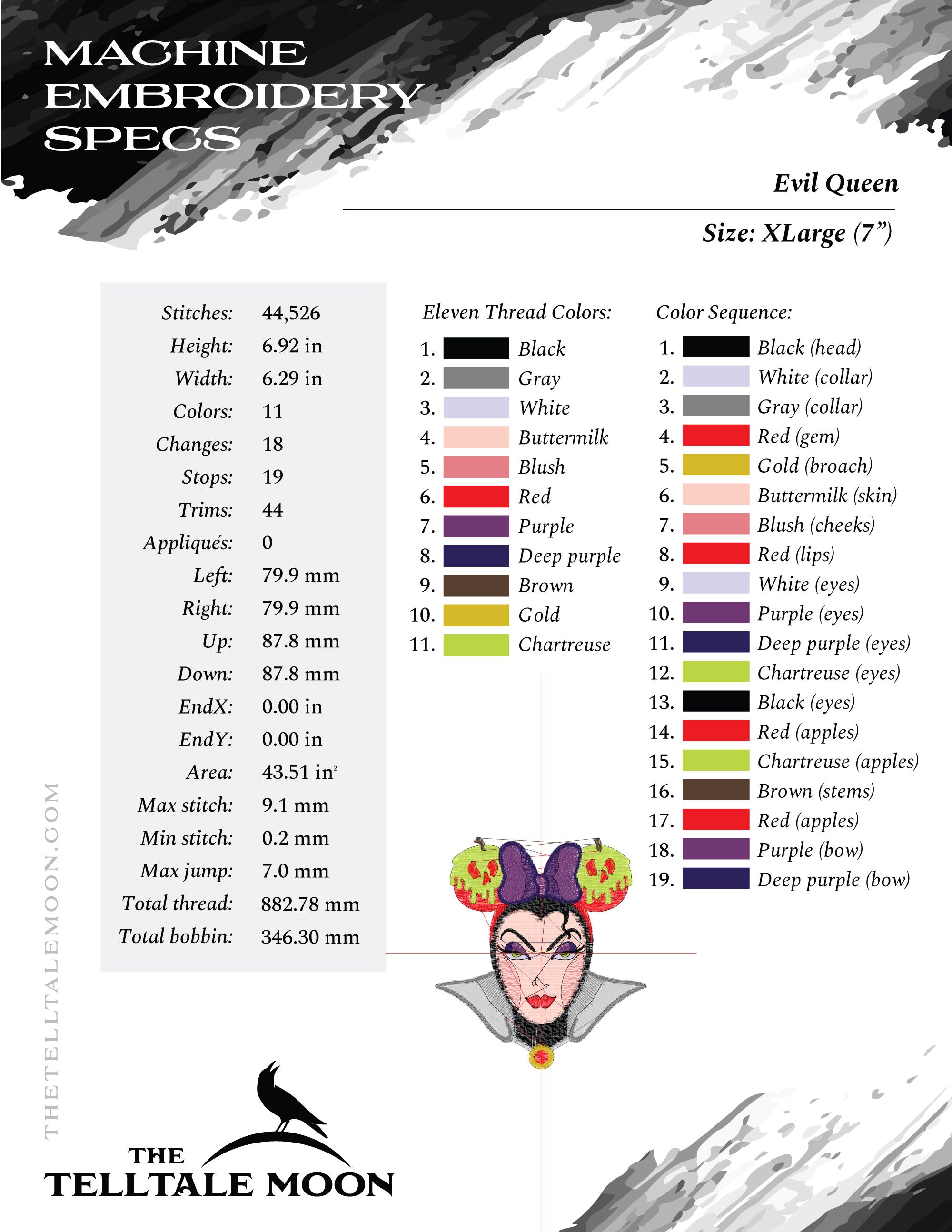 Embroidery Set: Wicked Queen with "Poison Apple Ears" - 4, 5, 6, and 7 Inch Sizes