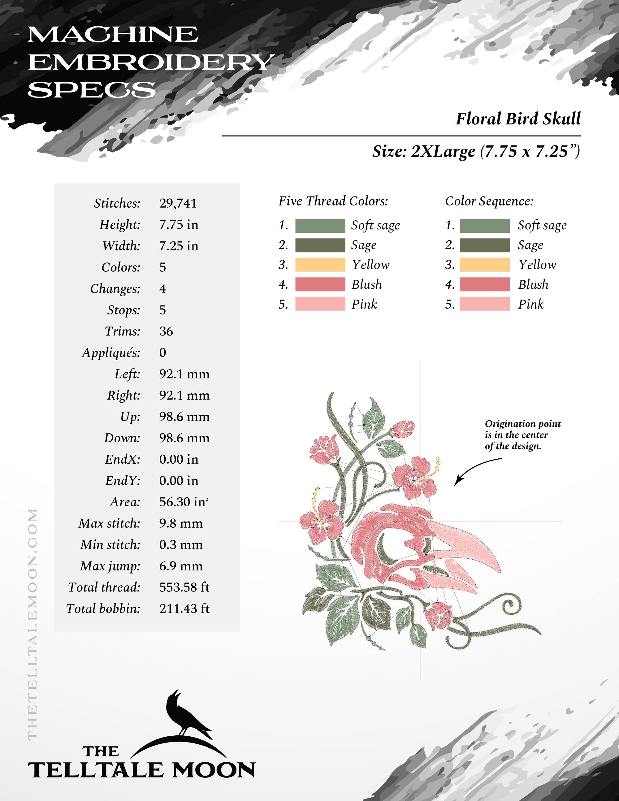 Embroidery: Floral Bird Skull - Five Sizes About 4 to 8 Inches