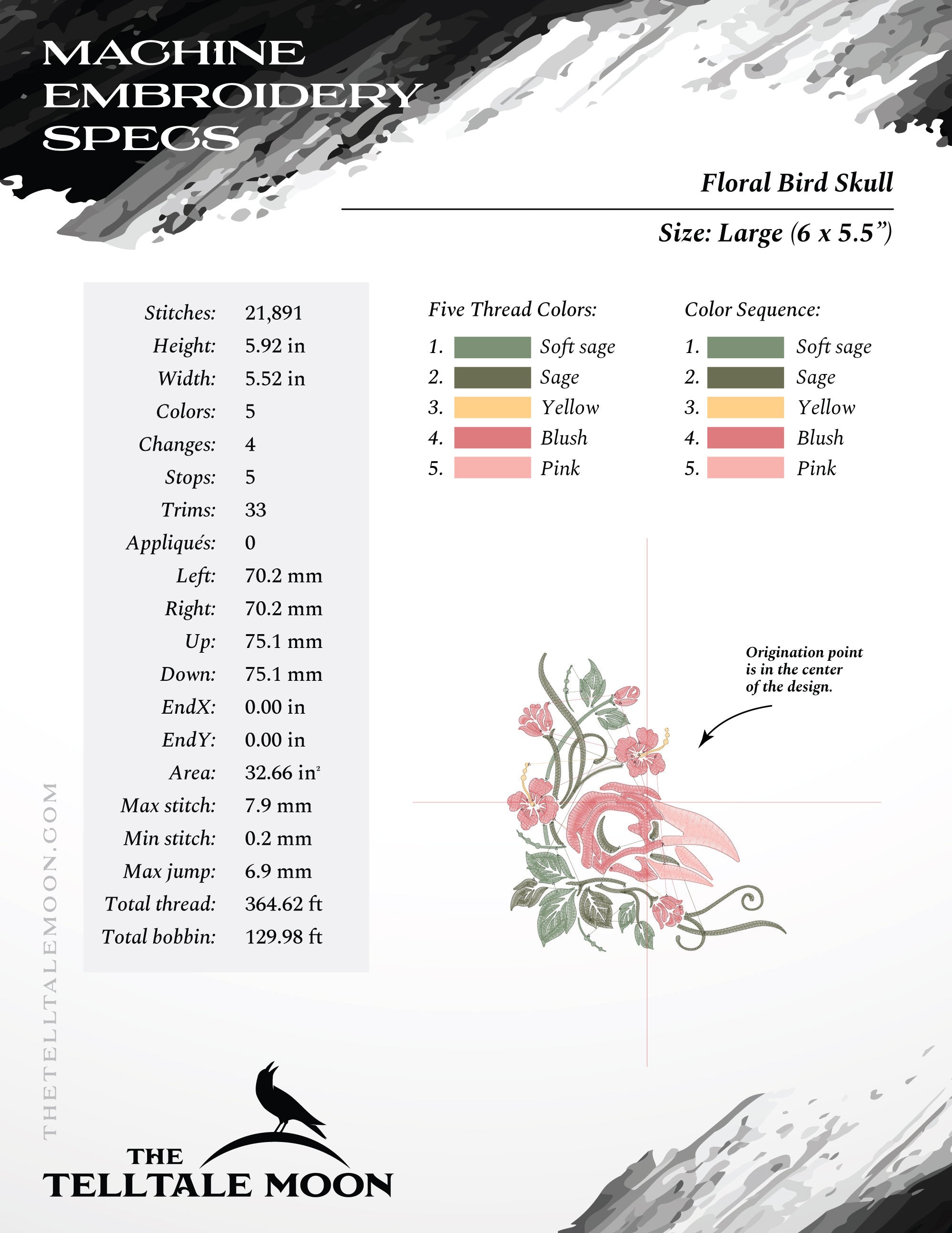 Embroidery: Floral Bird Skull - Five Sizes About 4 to 8 Inches