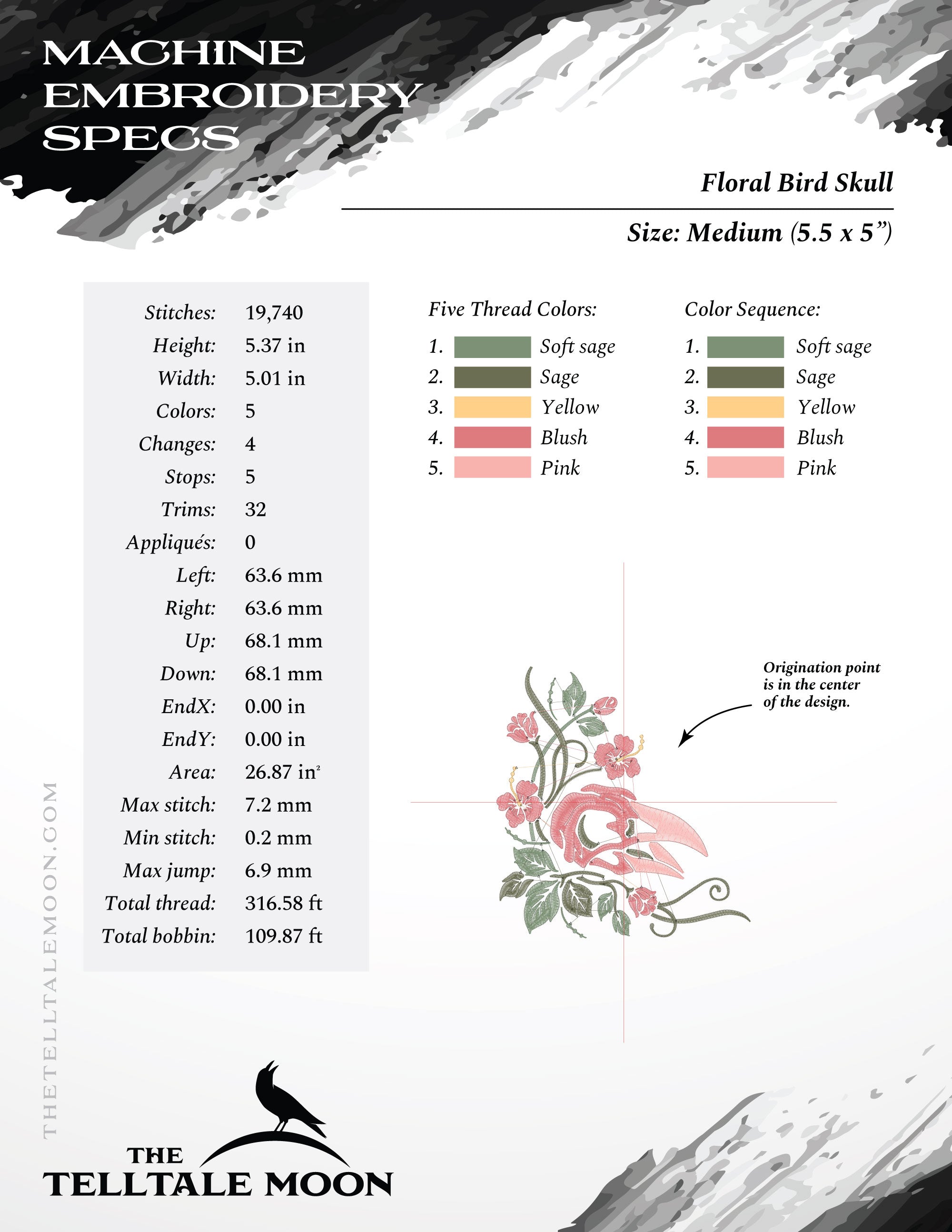 Embroidery: Floral Bird Skull - Five Sizes About 4 to 8 Inches