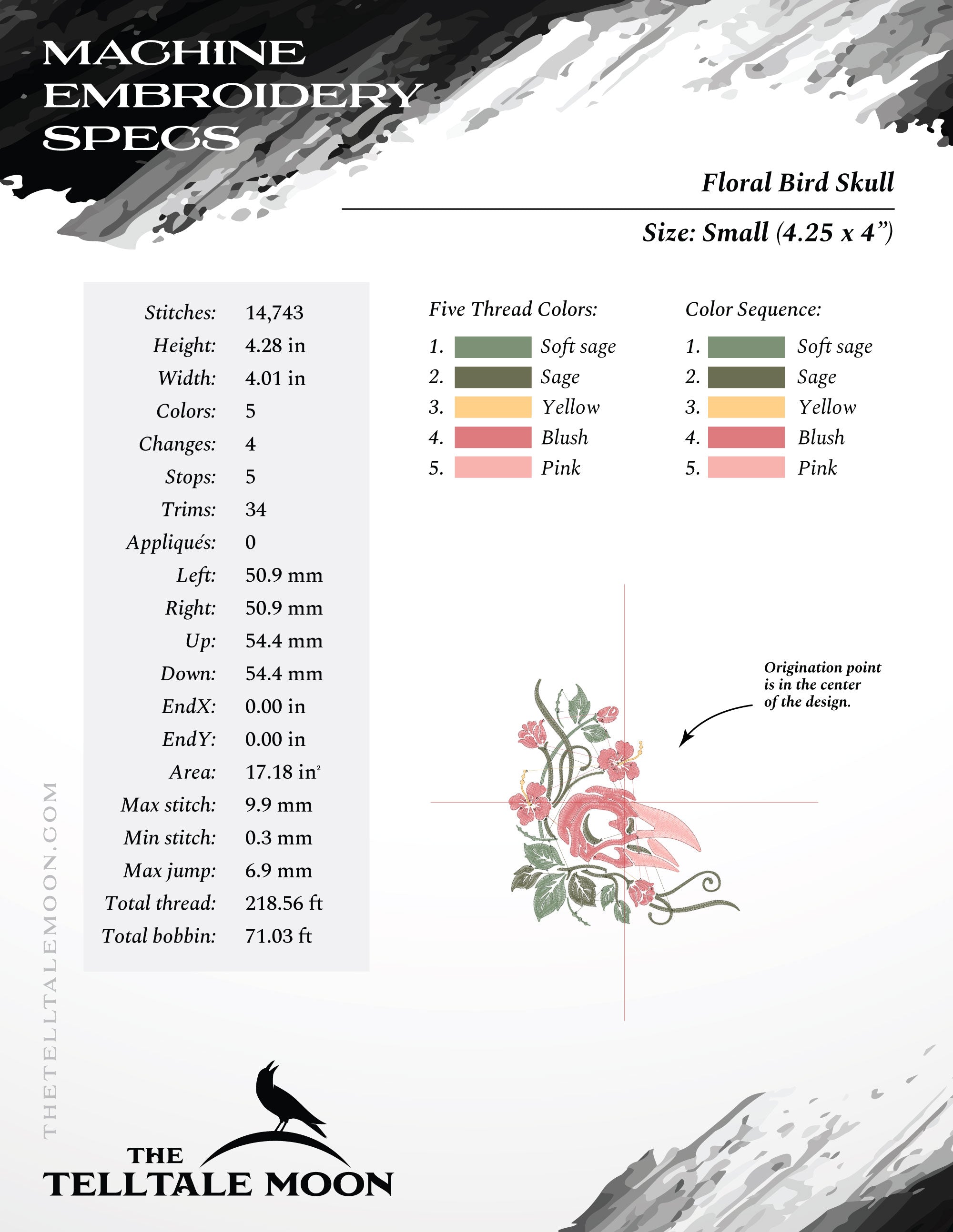 Embroidery: Floral Bird Skull - Five Sizes About 4 to 8 Inches