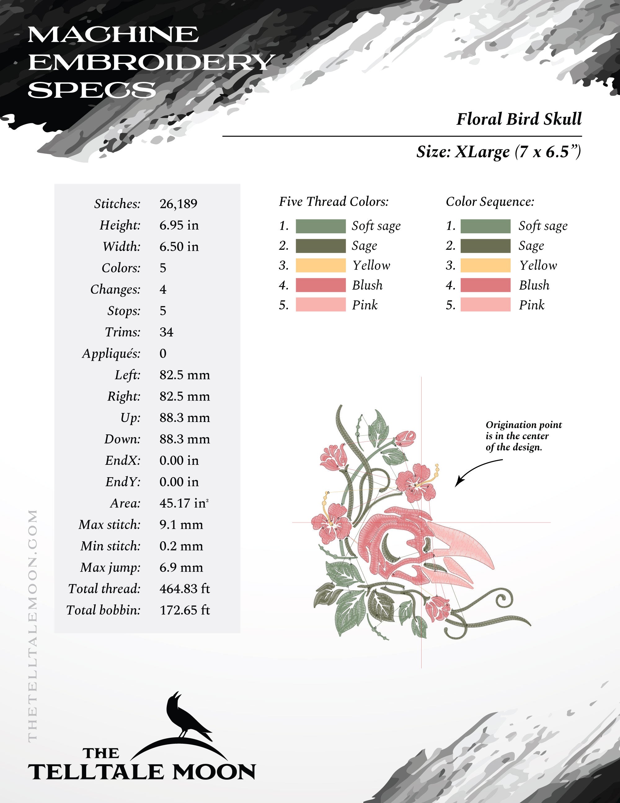 Embroidery: Floral Bird Skull - Five Sizes About 4 to 8 Inches