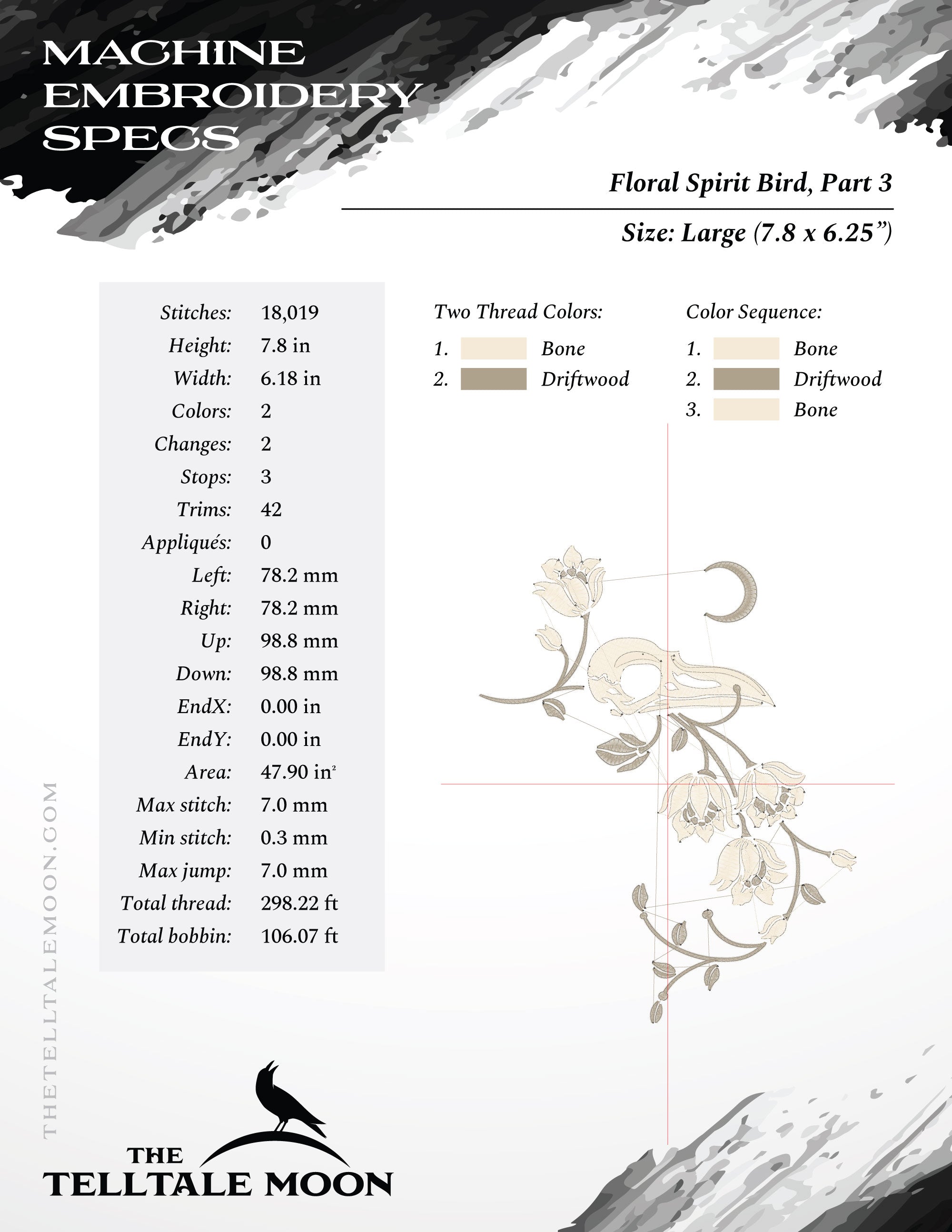 Embroidery SET of FOUR: Gothic-style Forest Spirit Bird - Three Sizes Between 5 and 7 Inches