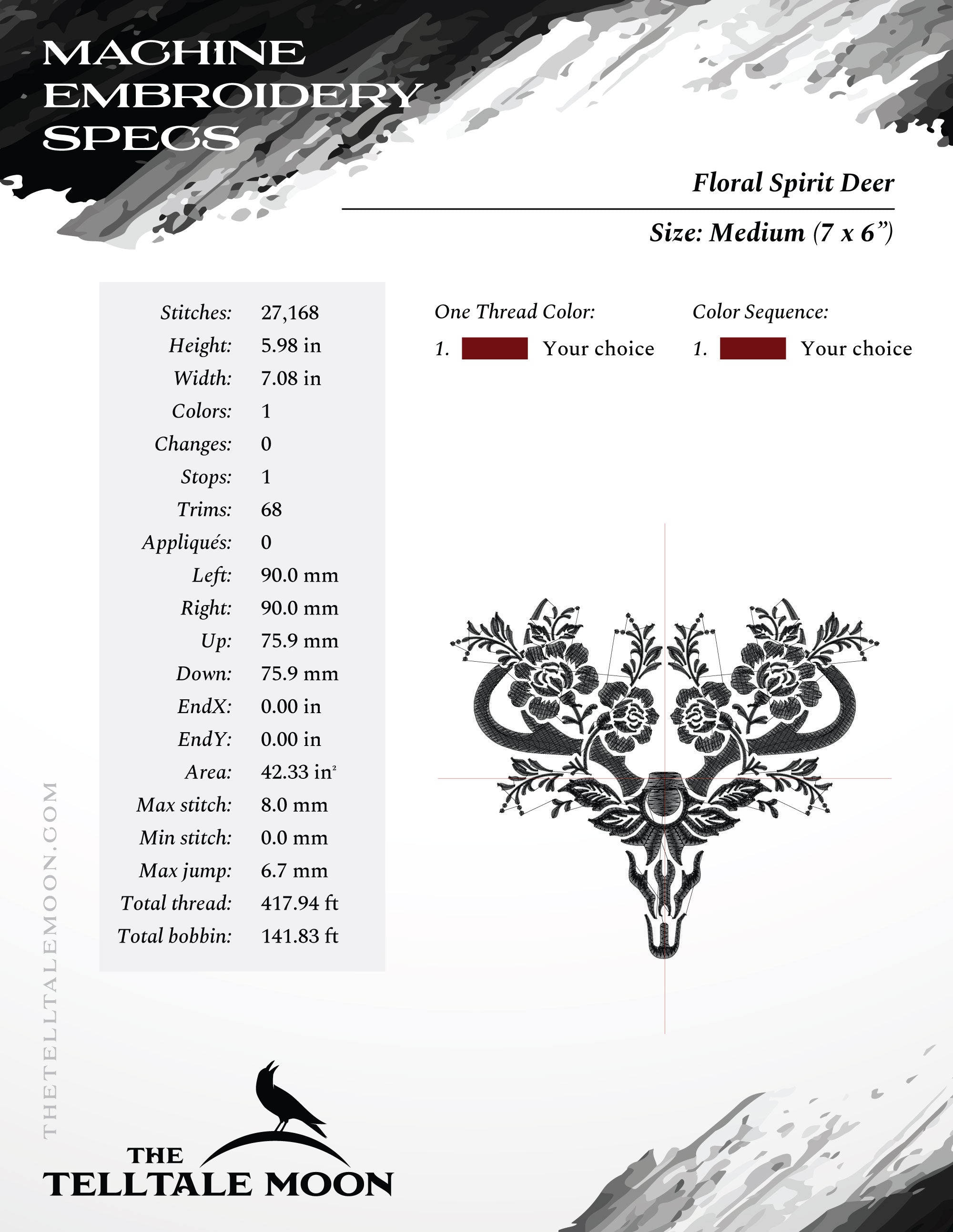 Embroidery: Gothic-style Forest Spirit Deer - Four Sizes Between 5 and 8 Inches Tall