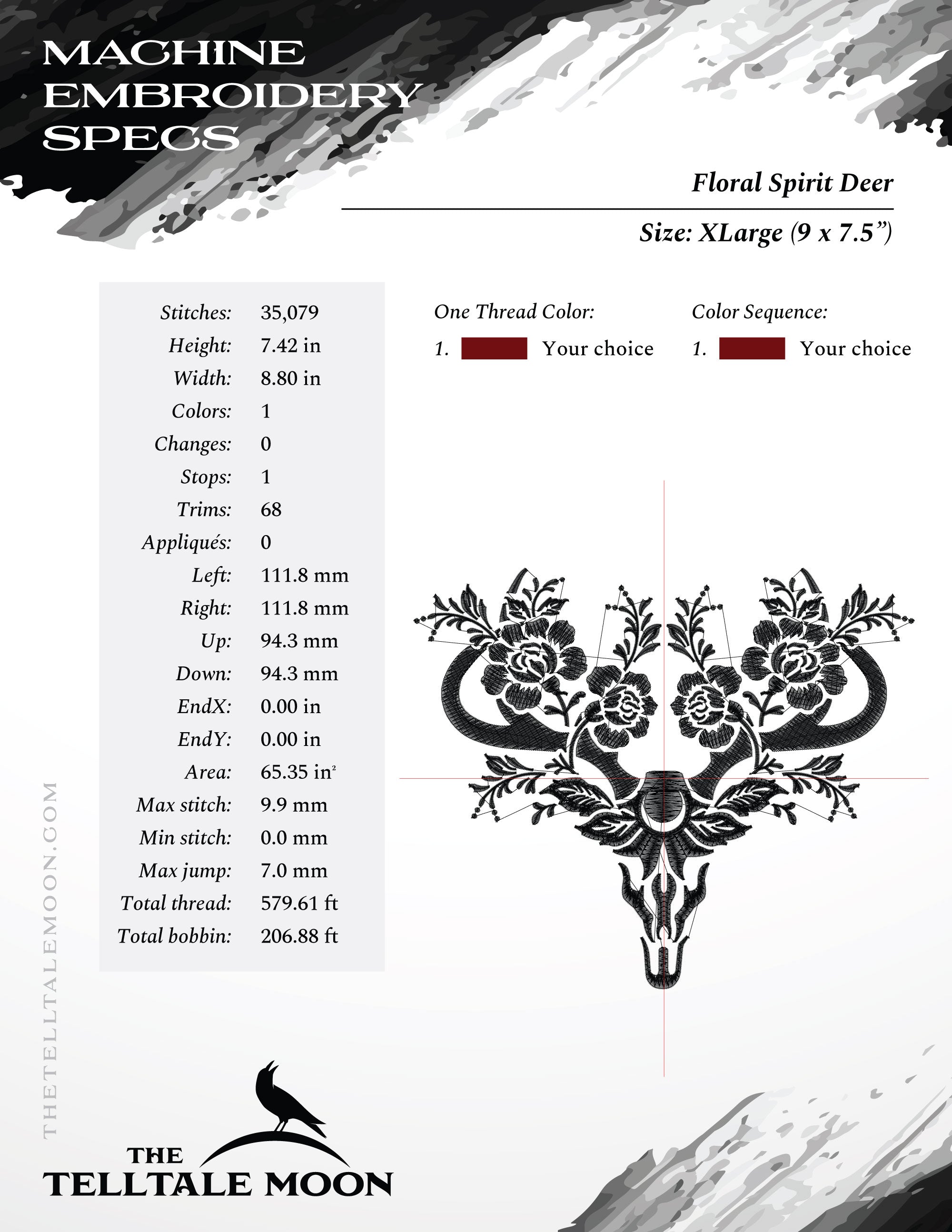 Embroidery: Gothic-style Forest Spirit Deer - Four Sizes Between 5 and 8 Inches Tall