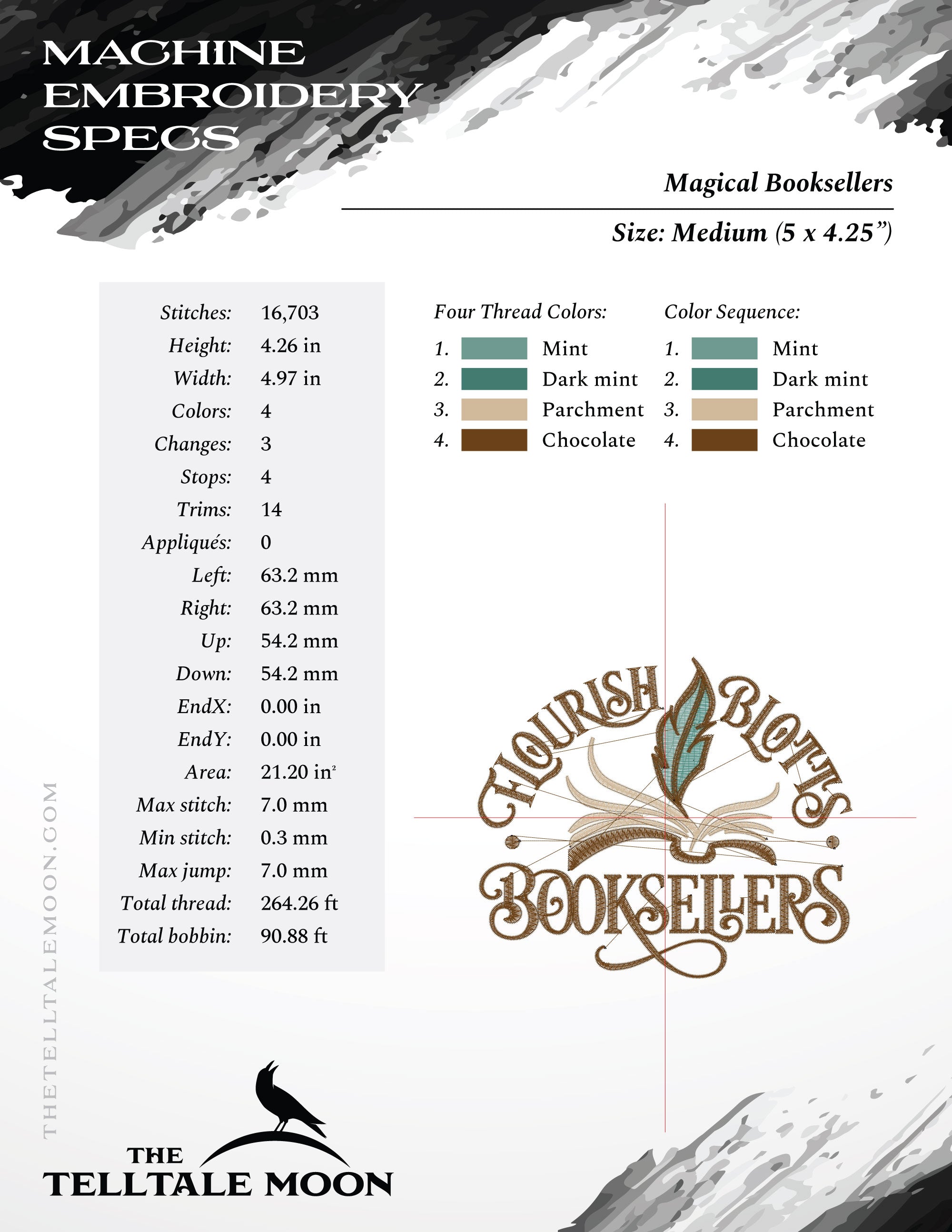 Embroidery: Magical Book Shoppe Logo in Five Sizes 4-8 Inches Wide, with Four Thread Colors