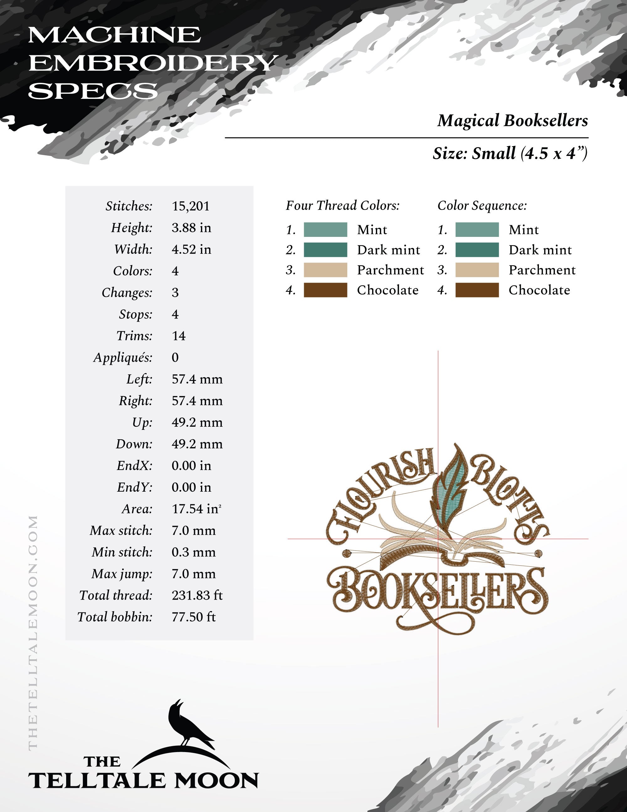 Embroidery: Magical Book Shoppe Logo in Five Sizes 4-8 Inches Wide, with Four Thread Colors