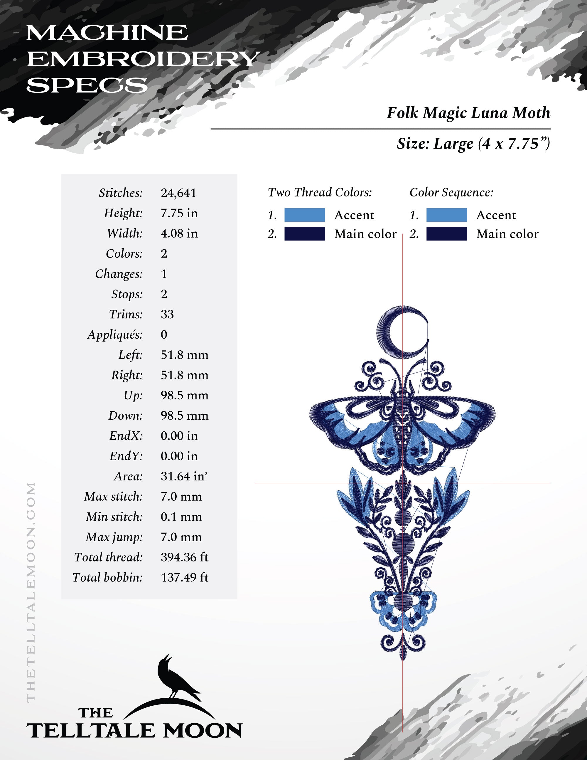 Embroidery: Folk Magic Luna Moth Design - 6, 7, 8, 9, 10 Inches - Two Thread Colors