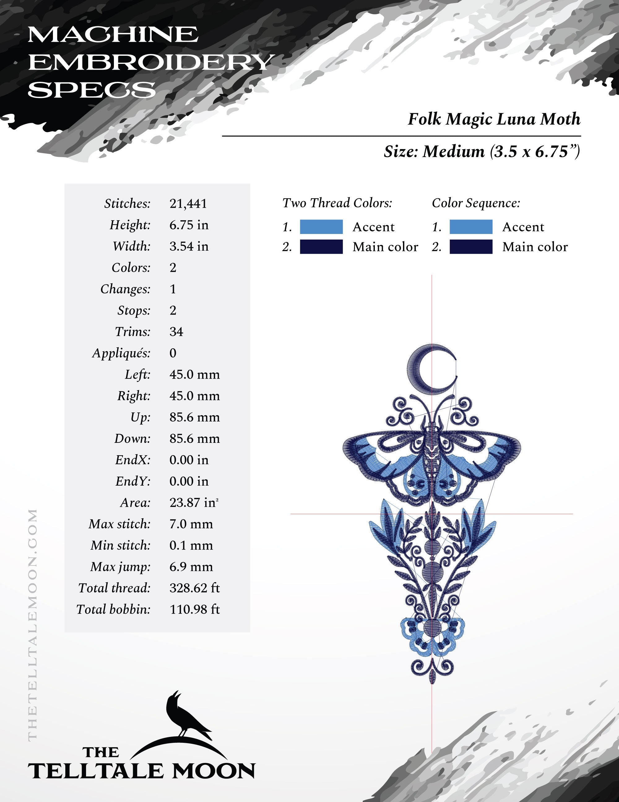 Embroidery: Folk Magic Luna Moth Design - 6, 7, 8, 9, 10 Inches - Two Thread Colors