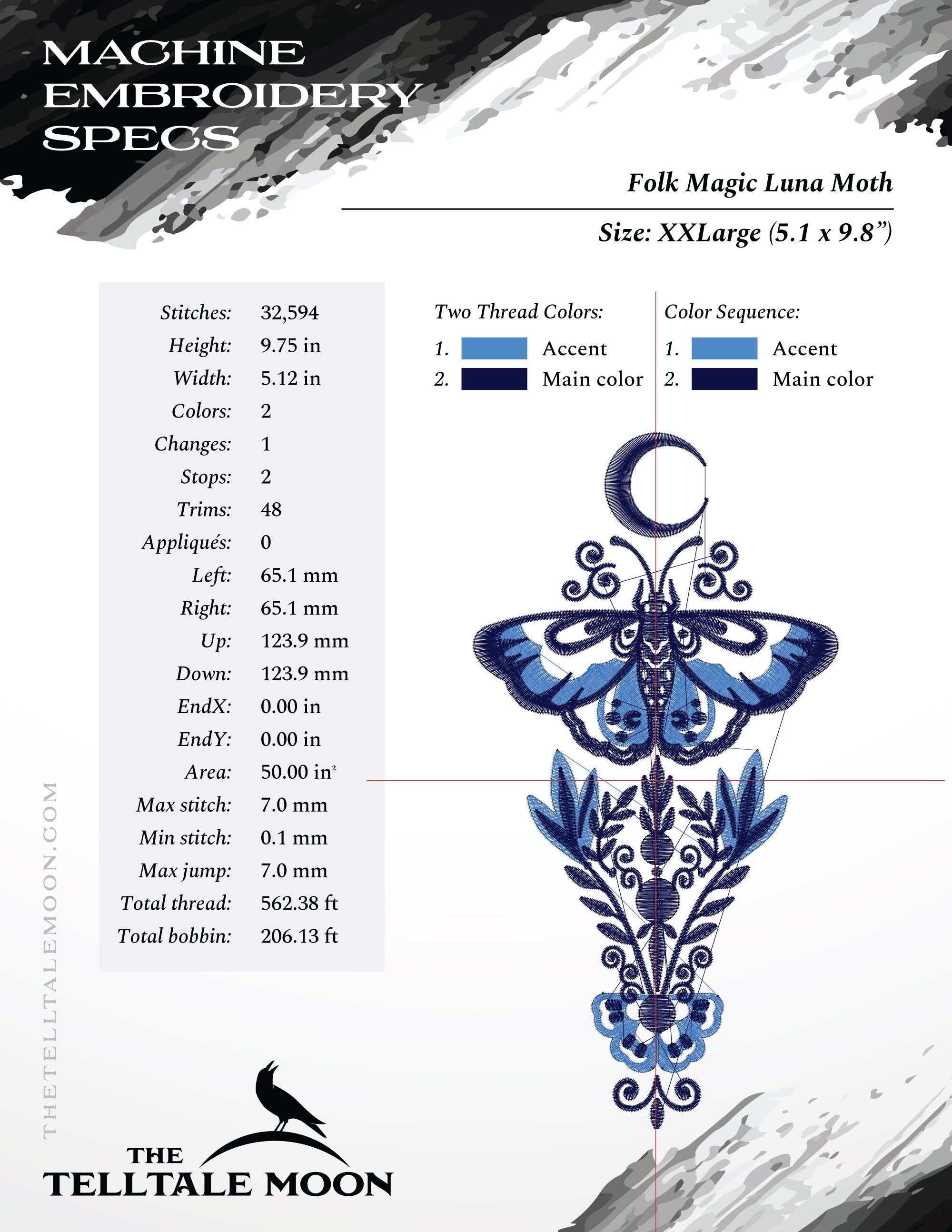 Embroidery: Folk Magic Luna Moth Design - 6, 7, 8, 9, 10 Inches - Two Thread Colors