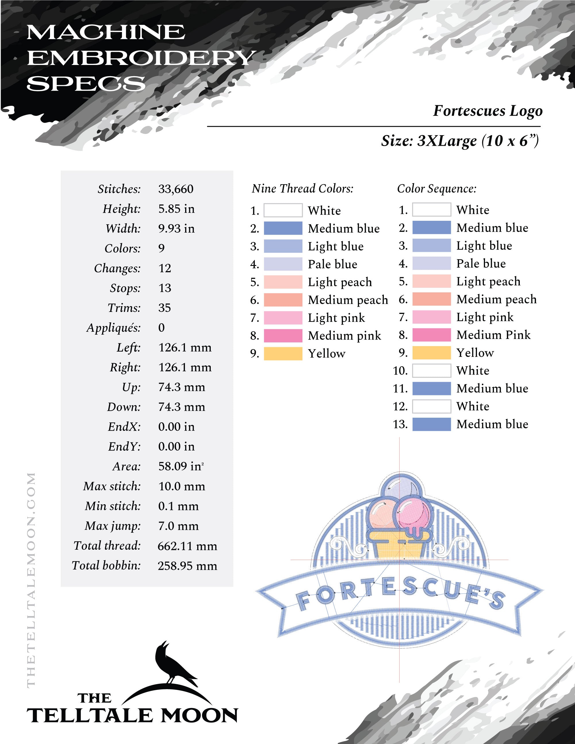 Embroidery Files: Magical Ice Cream Logo Art (Several Sizes 5 to 9 Inches Wide)